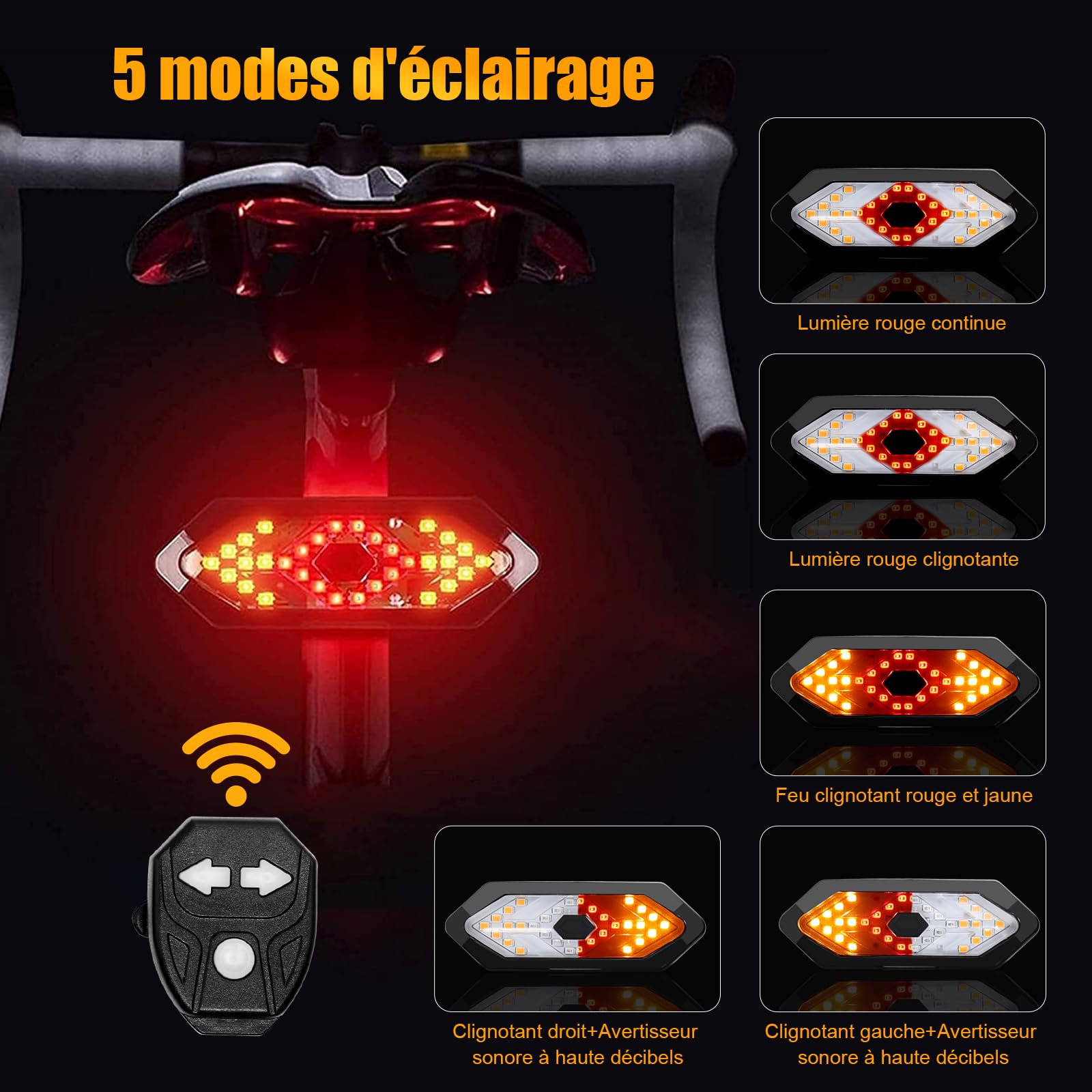 EBUYFIRE Feu Arrière Vélo avec Clignotants et Télécommande - 5 Modes LED, IPX4 Étanche, USB Rechargeable, Klaxon Intégré, Montage Universel