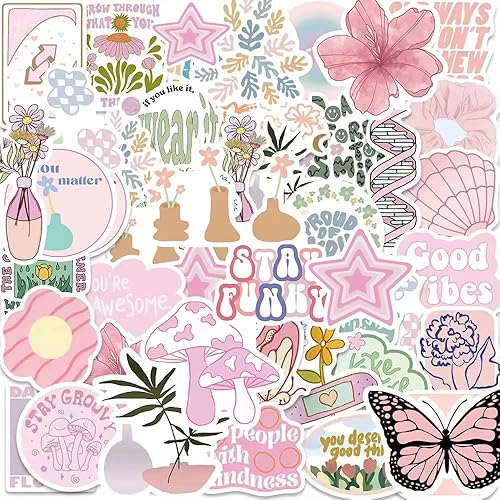 Danish Pastel Sticker Pack,Laptop Water Bottle Stickers - Colorful Aesthetic Vinyl Stickers - Pink