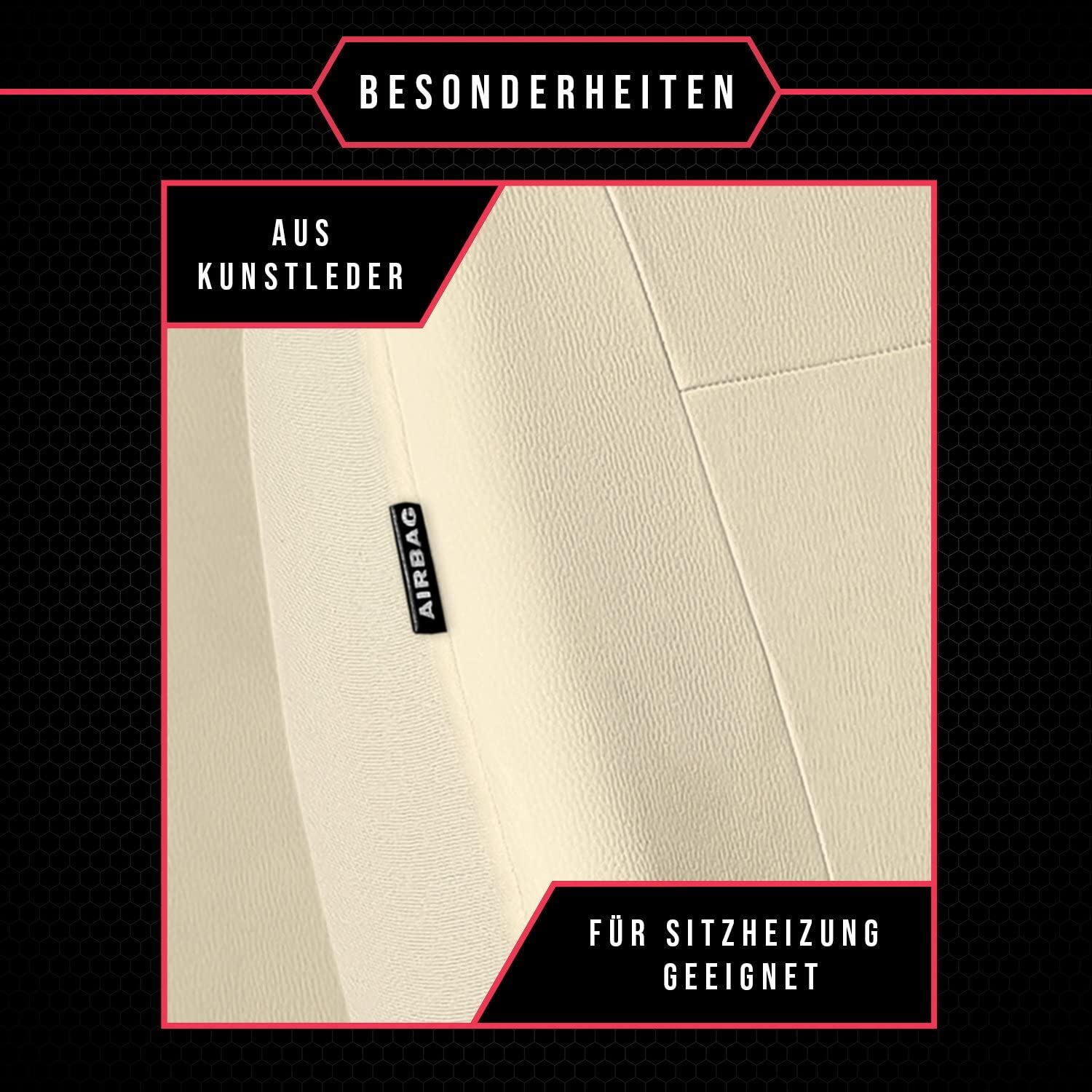 3er Set Autositzbezüge PKW universal | Auto Sitzbezüge Kunstleder Beige für Airbag geeignet | für Vordersitze und Rückbank | 1+1 Autositze vorne und 1 Sitzbank hinten teilbar Reißverschlüsse