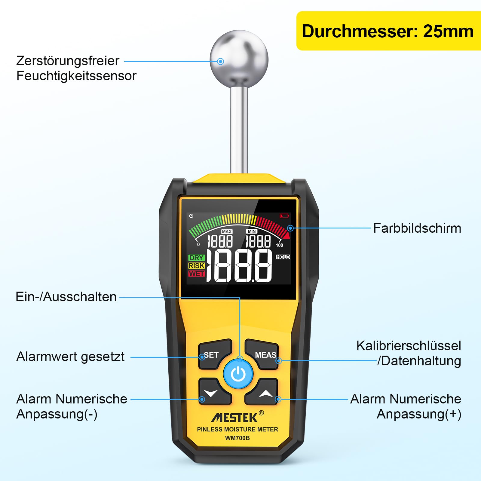 Feuchtigkeitsmessgerät MESTEK Feuchtigkeitsmesser Feuchtemessgerät Profi mit Farb-LCD Akustischem Alarm für Wand Holz Mauerwerk Putz Baustoffe Boden Baufeuchte Wohnung Wohnwagen 20-40mm Analysetiefe