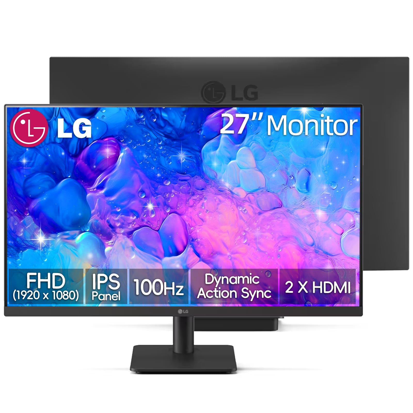 LG 27 inch FHD (1920 x 1080) IPS Monitor, 100Hz, 5ms, Dynamic Action Sync, Black Stabilizer & Crosshair, HDR10, Reader Mode/Flicker Safe, HDMI, OnScreen Control, Tilt Adjustable, Black 27"-100Hz-FHD-HDMI