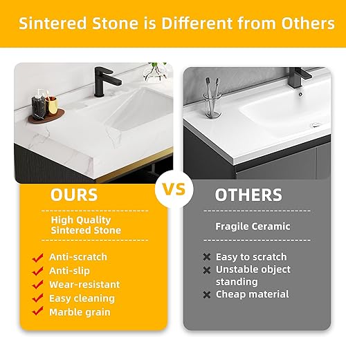 Miniatura 4 de DWVO Armario flotante de baño de 48 pulgadas montado en la pared, juego integrado individual con encimera de piedra sinterizada, lavabo de cerámica