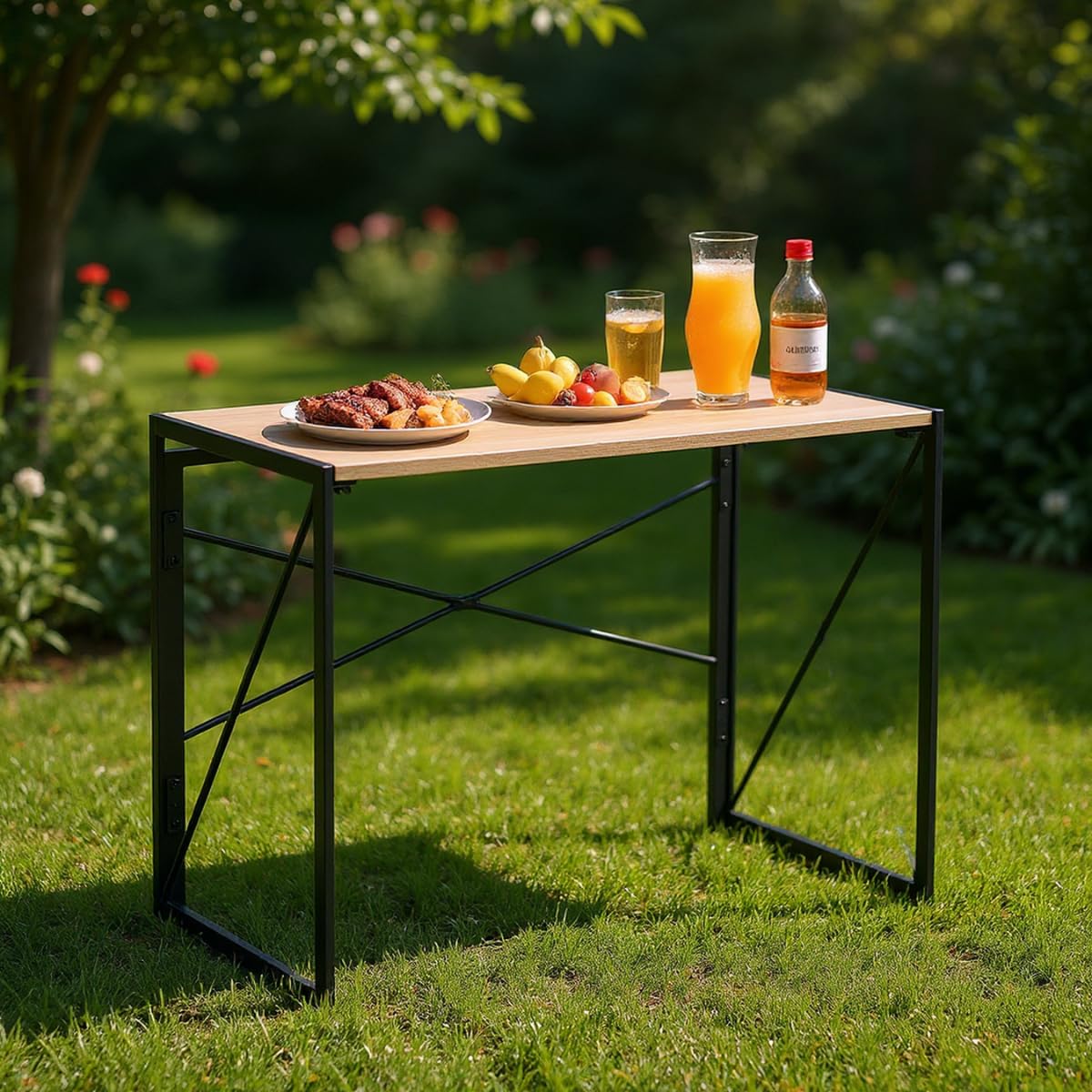 FurnitureR Picnic Tables, Indoor/Outdoor Table, MDF and Metal Frame, No Assembly Required, Portable Camping for Picnic BBQ Barbecue, Garden, 100x50x75cm, Oak