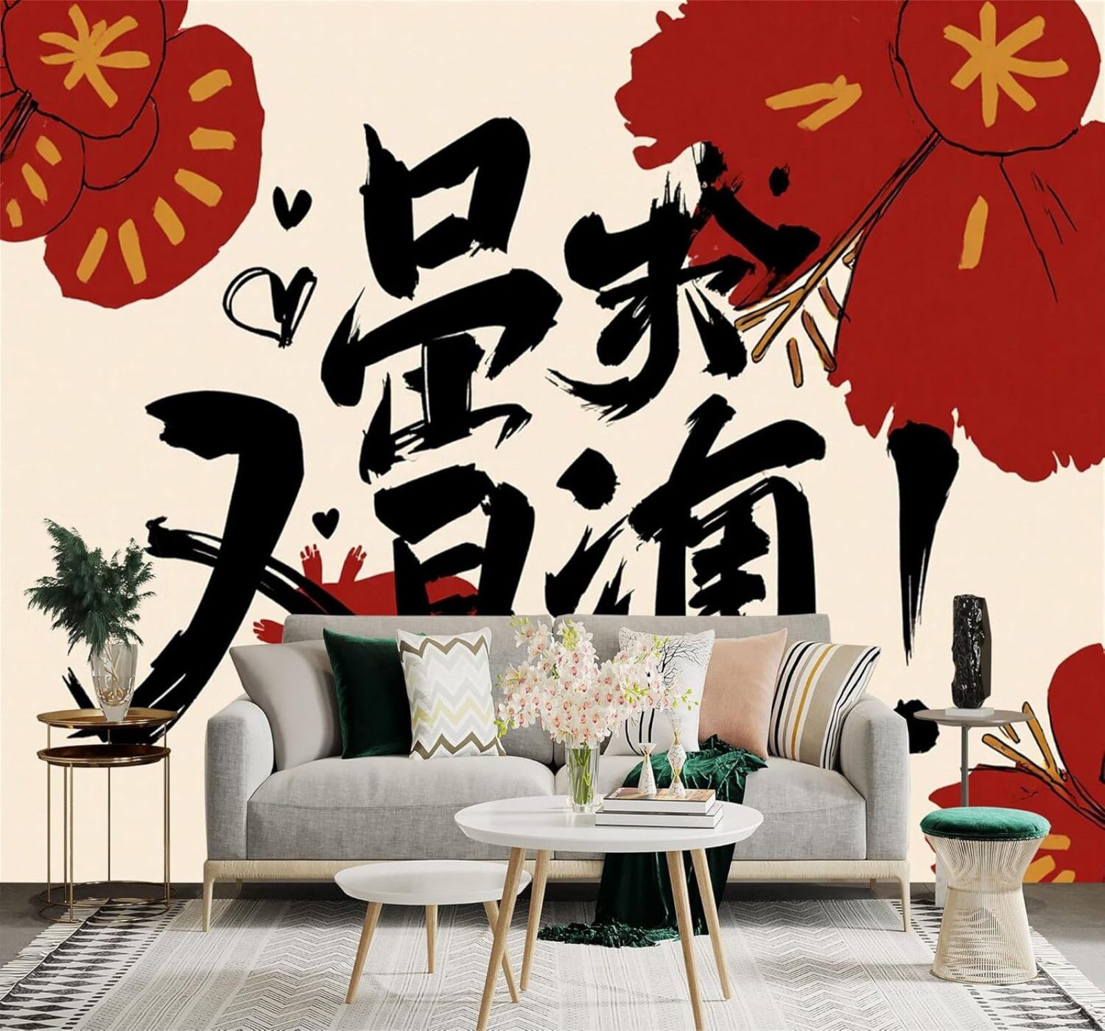 Xlming 350Cm×256Cm(B×H) Abstract Red Flowers Ink Wash Calligraphy Style 3D Wallpaper Silky Texture Home Study Office Grey Dining Room Sofa Bedroom Living Room Tv Backdrop-350Cm×256Cm