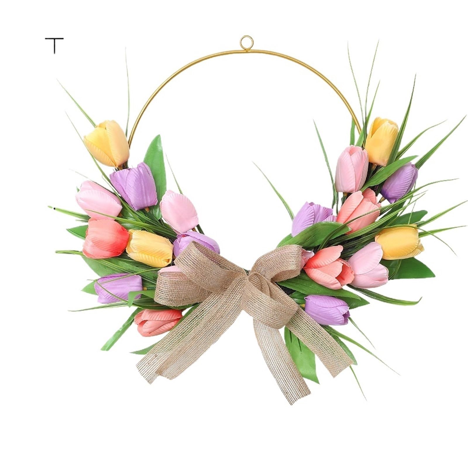 Door Wreath Artificial Tulip Wreath Room Decoration Valentine's Day Gold Hoop Floral Wreaths For Spring Easter Home Wall Front Door(Pink Purple)