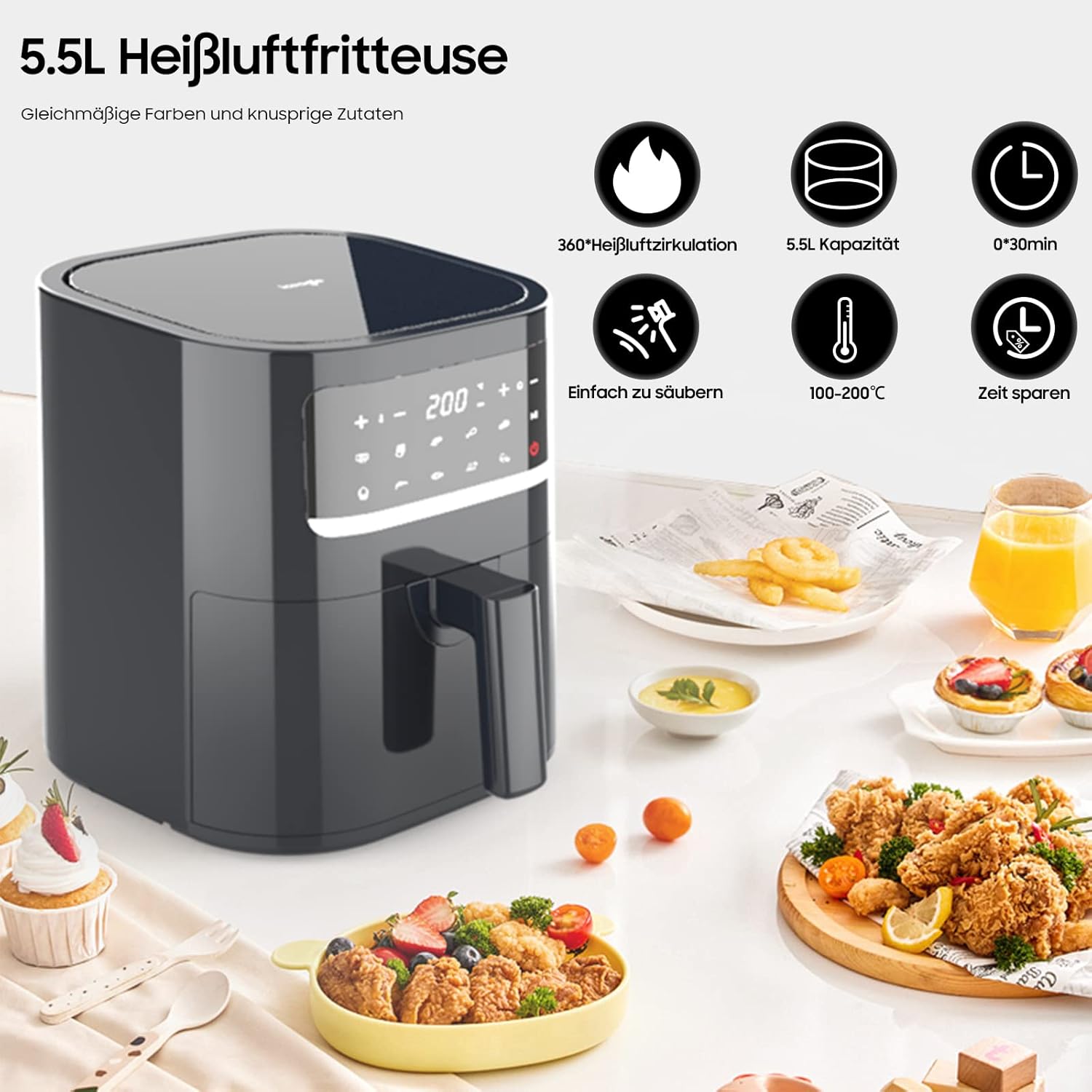Iceagle Friggitrice ad Aria 5,5 Litri XXL – Friggitrice Senza Olio con 9 Programmi Risparmio Energetico | Air Fryer con Led Touch Screen, Timer, Ricette, 1400W Iceagle Friggitrice ad Aria 5,5 Litri XXL – Friggitrice Senza Olio con 9 Programmi Risparmio Energetico | Air Fryer con Led Touch Screen, Timer, Ricette, 1400W