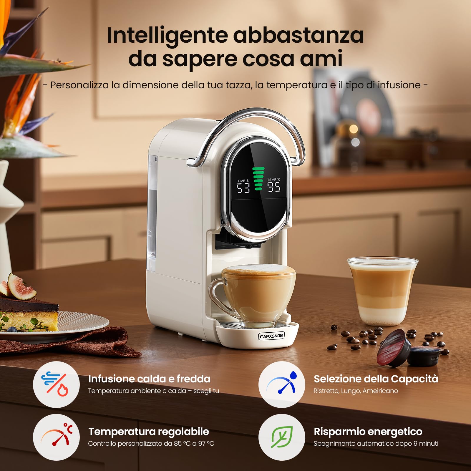 Magician1 Mini Macchina da Caffè Cialde 5in1 per Nespresso Originali, Dolce Gusto, Lavazza A Modo Mio, ESE 44 Cialde e Caffè Macinato, 20 Bar, 1450W, Display LED, Acqua Regolabili 7 Livelli (Bianco)