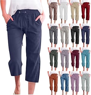 RKSTN Summer Capri Pants for Women Casual Cotton Linen Pants Straight Leg Vacation Beach
