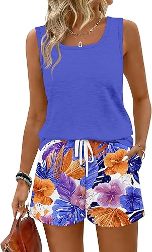 2 Piece Sets For Women Summer Hawaiian Outfits Flowy Sleeveless Tank Scoop Neck 