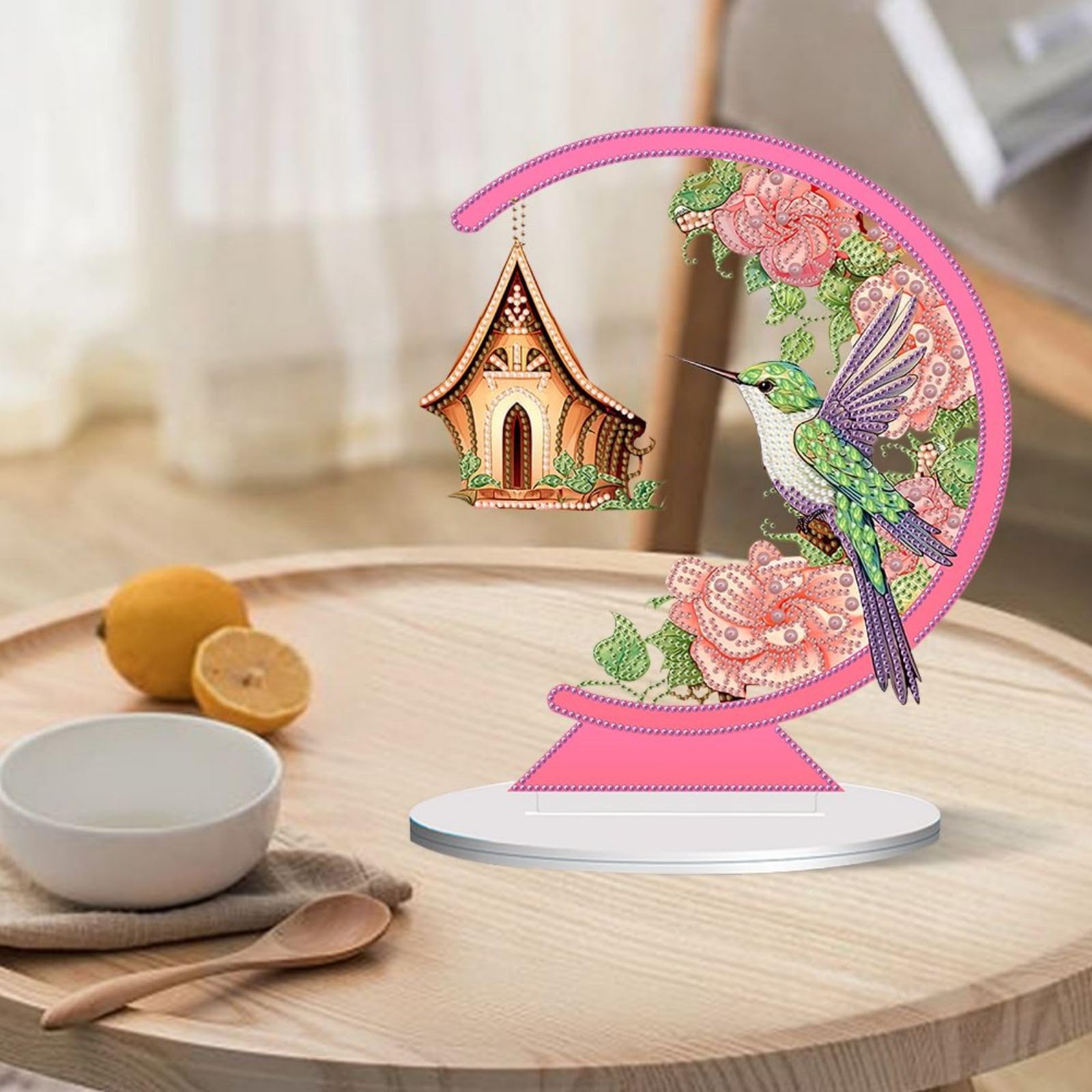 Colibrì con amore e fiori, fai da te, decorazione da tavolo con diamanti 5D, decorazione da tavolo, decorazione da tavolo con diamanti, pittura in piedi, set artistico, ornamenti, regali decorativi