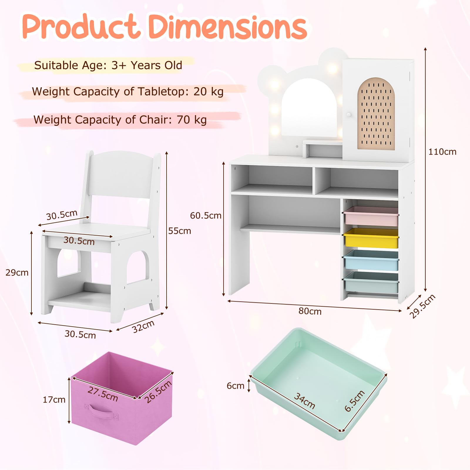 LIFEZEAL Tocador Infantil con Luces, Tocador Niña con Espejo y Silla Princesa, 5 Cajones y 2 Compartimentos, Armario de Una Puerta, Estante Abierto, Mesa de Maquillaje para Niños (Blanco)