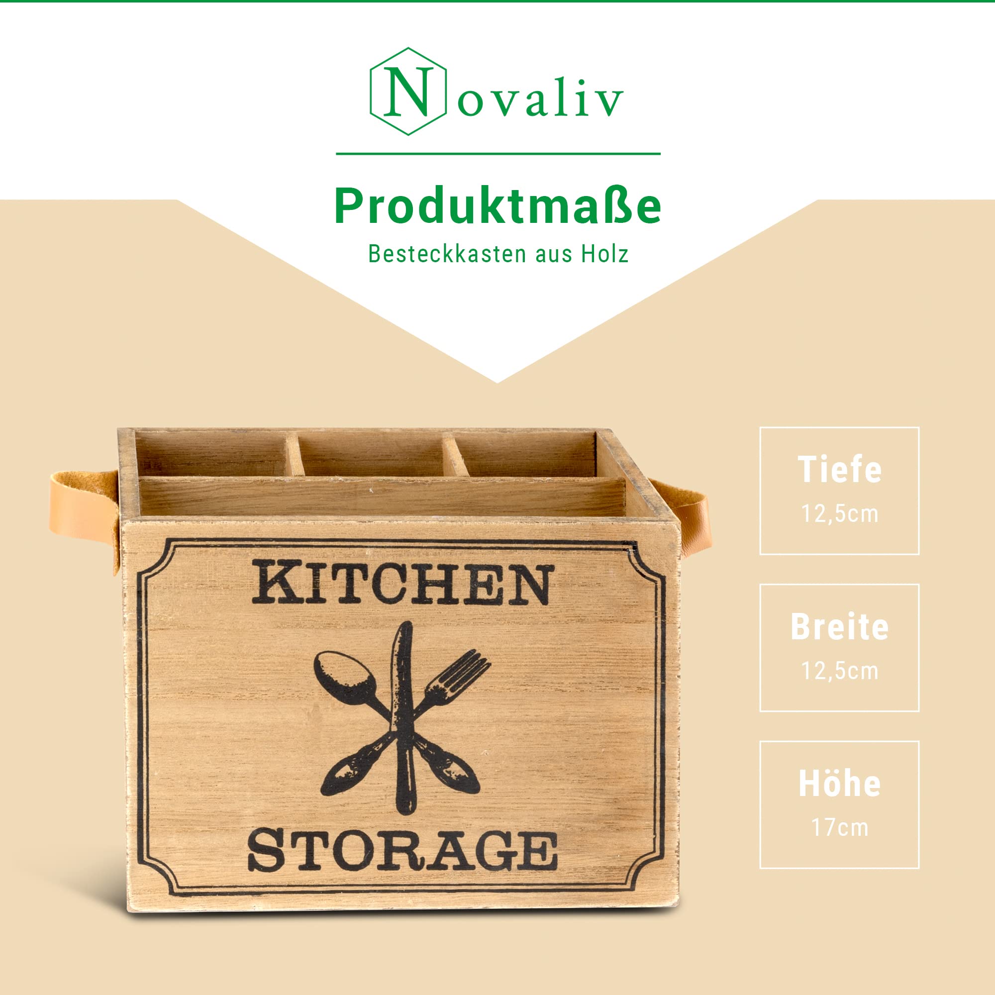 Novaliv 4 soportes para utensilios de cocina con 4 compartimentos y asas de cuero, cesta para cubiertos de madera de alta calidad, 17 x 12,5 x 12,5 cm, bandeja para cubiertos para utensilios de