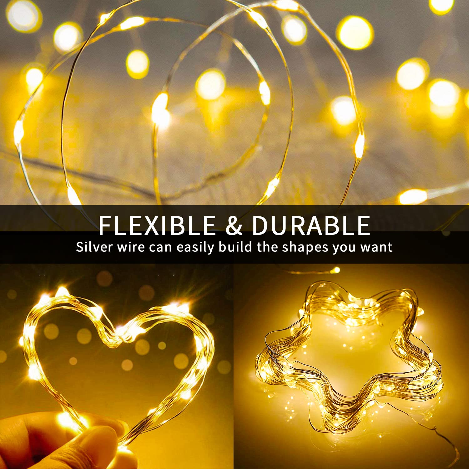 JMEXSUSS Lot de 4 guirlandes lumineuses solaires à 100 LED, 10 m, blanc chaud, étanche, 8 modes, fil de cuivre, lumières solaires scintillantes pour jardin, cour, arbre, mariage