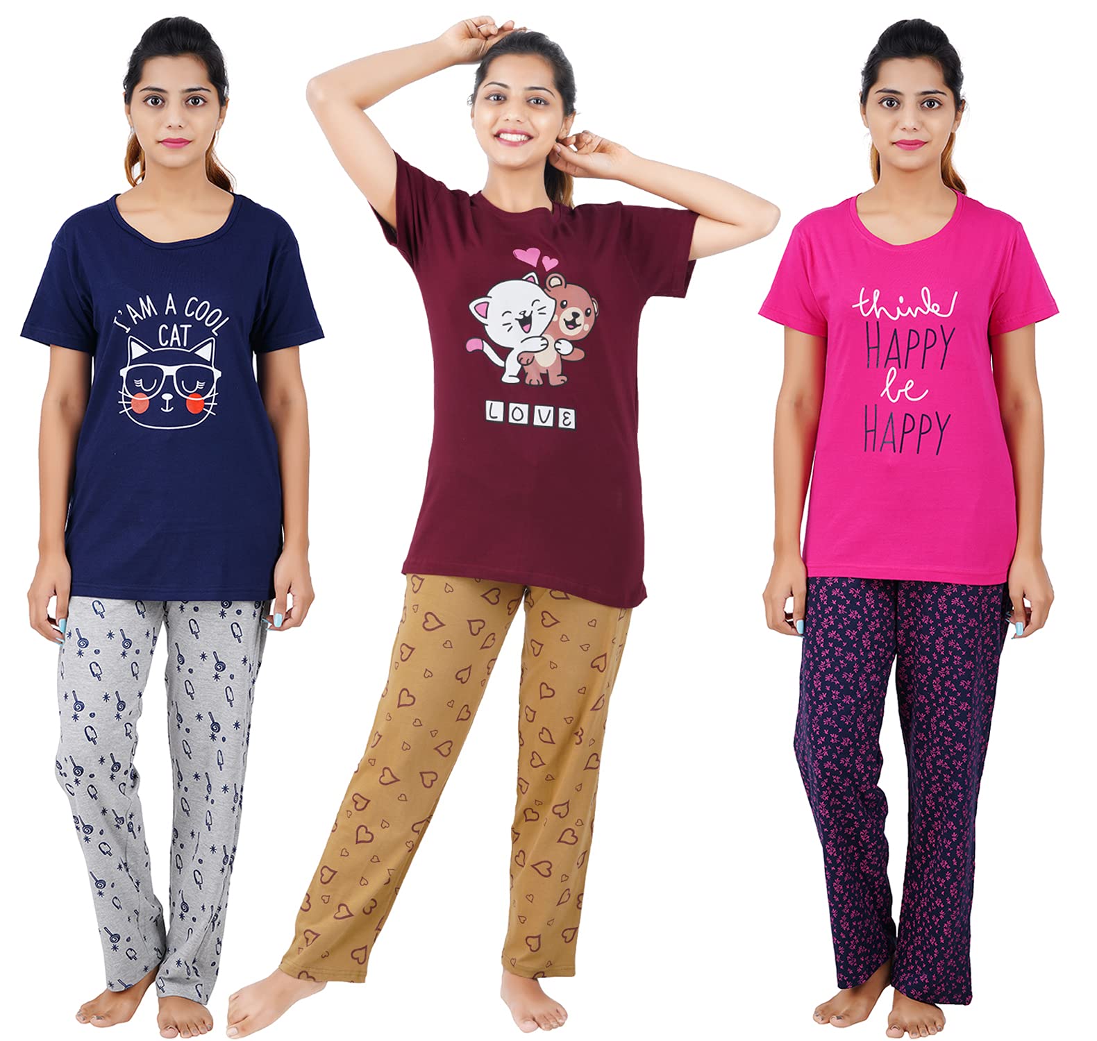 Buy That Trendz Cotton Printed Top and All Over Print Pyjama Set/Pajama Night Suit Set/Sleep wear Set/Loungewear Set Combo Pack Women'sCalifornia Rust Be Happy Rani Pink Love Maroon Large