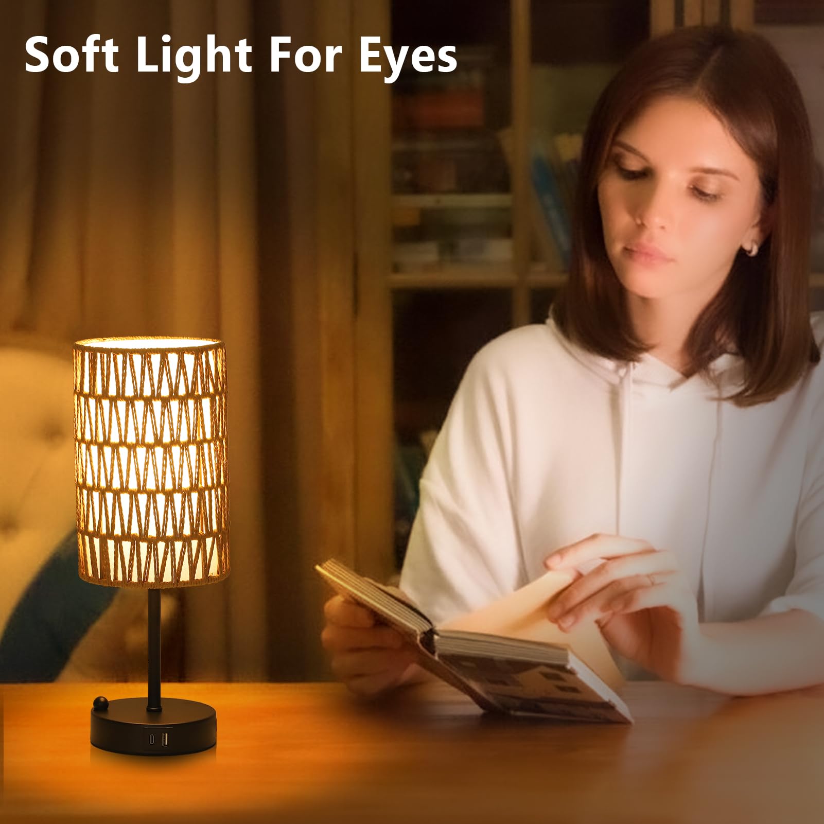 Rayofly Nachttischlampe 2er Set, Touch Dimmbar Nachttischlampe mit Ladefunktion USB A+C-Anschlüssen, Vintage Tischlampe mit Rattan Lampenschirm & LED Glühbirne, Touch Lamp für Schlafzimmer, Wohnzimmer