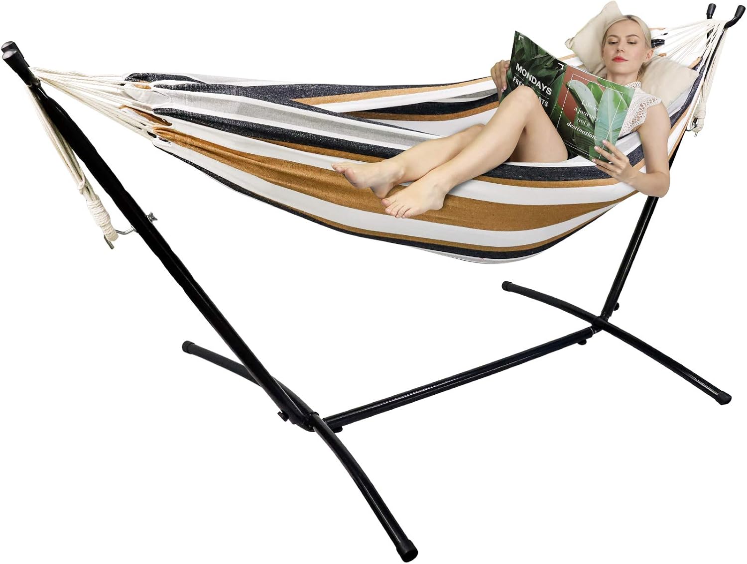 Kanchimi Hammock with Stand,Max Load 450lbs,Portable Double Hammock for para Patio,Indoor Outdoor Hammock with Stand 2 Person Heavy Duty,Premium Carrying Case Included(Coffe Brown)