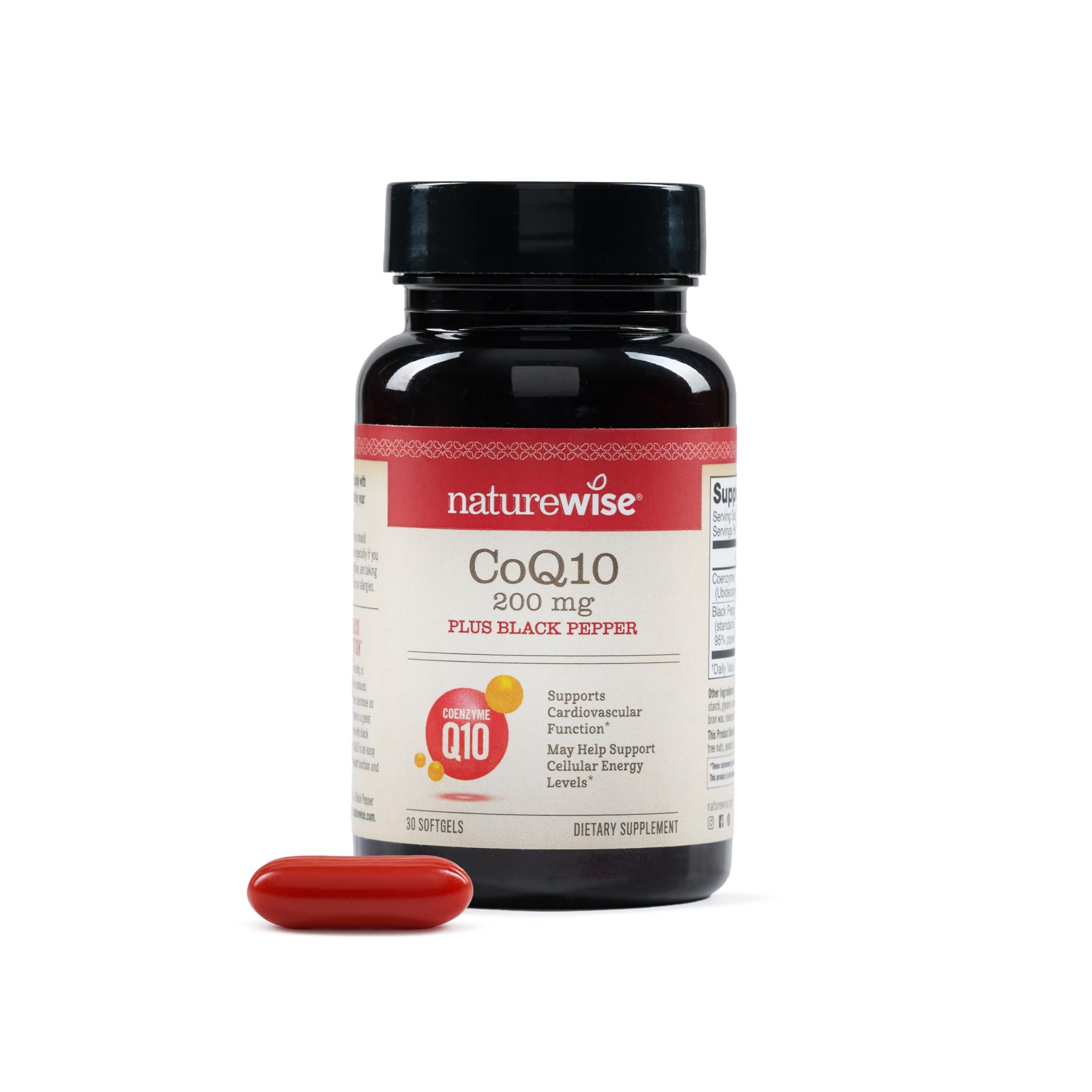 NatureWise CoQ10 200mg + Black Pepper Softgels - High Absorption Coenzyme Q10 + Black Pepper - Antioxidant for Heart Health + Cellular Energy - Vegan, Non-GMO, Gluten-Free - 30 Count[30-Day Supply] 30 Count (Pack of 1) 200mg w/ BP