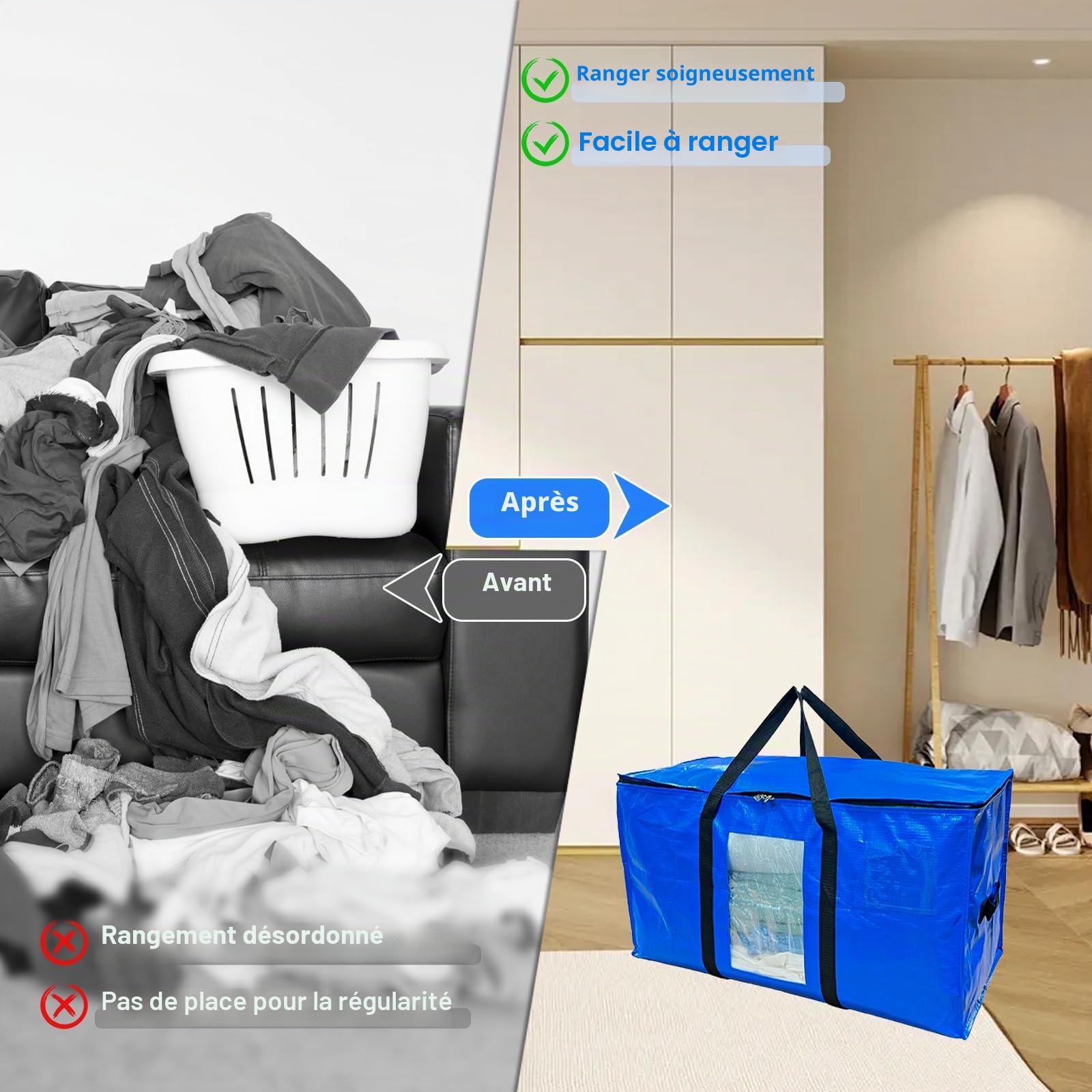 LAMAPA 4Pcs Sacs de Rangement XXL 100L Sac de Déménagement Sac Rangement Vetements avec Couvercles et Poignées Renforcées Housse de Rangement Sac Grand Format pour Déménagement et Voyage, Bleu&Noir