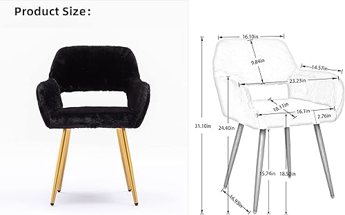 Miniatura 2 de Goujxcy Silla de tocador de piel sintética, silla de escritorio peluda negra para niñas adolescentes, cómoda silla con brazo decorativo con patas de