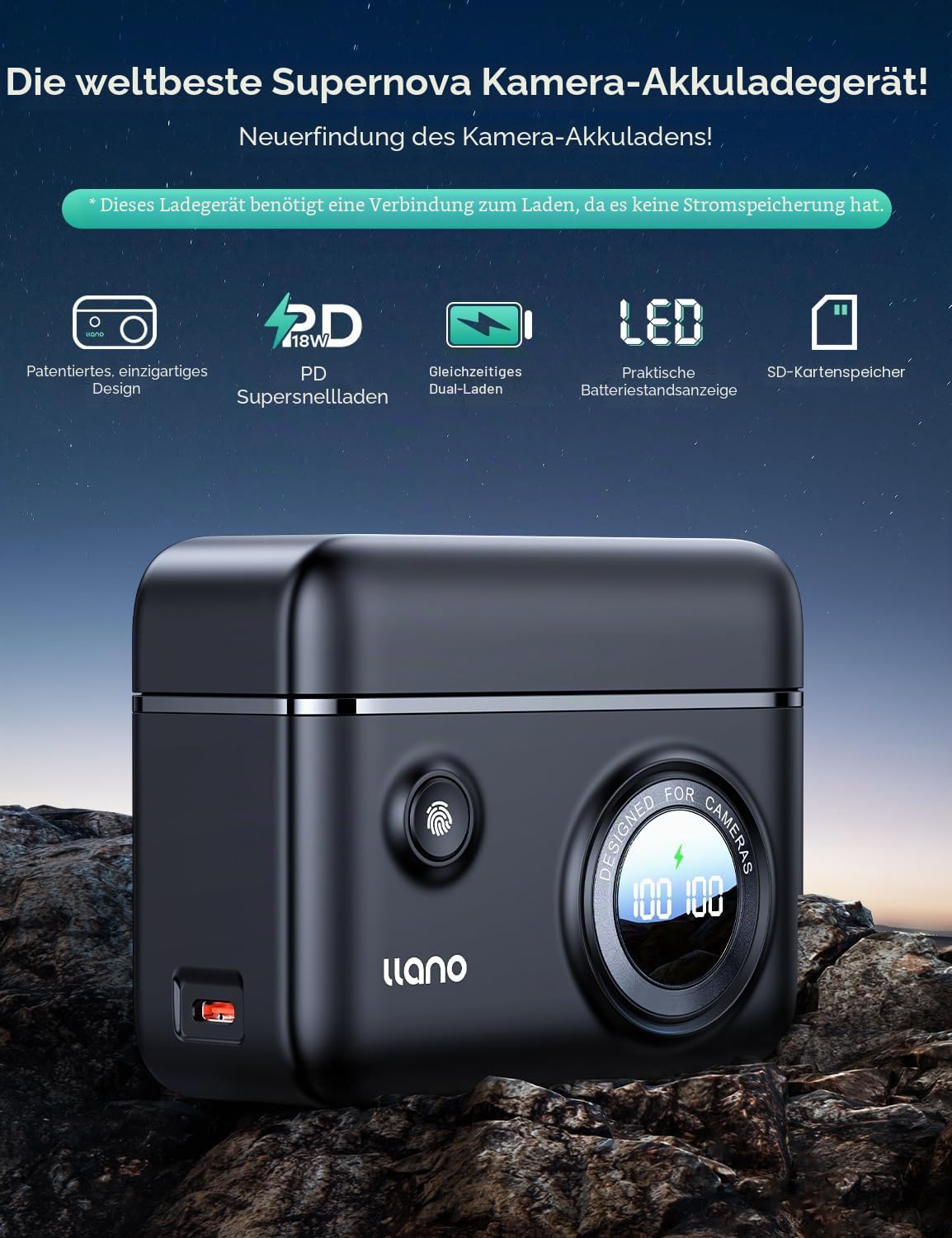 llano NP-W126S Ladegerät für Fujifilm X100VI X100V XM5 XE5 XT50 X-S10 X-T3 X-T30 III, 18W USB-C Schnellladegerät mit 2 Slots, Intelligentes LCD-Display & SD-Kartenslot, Magnetisches Design