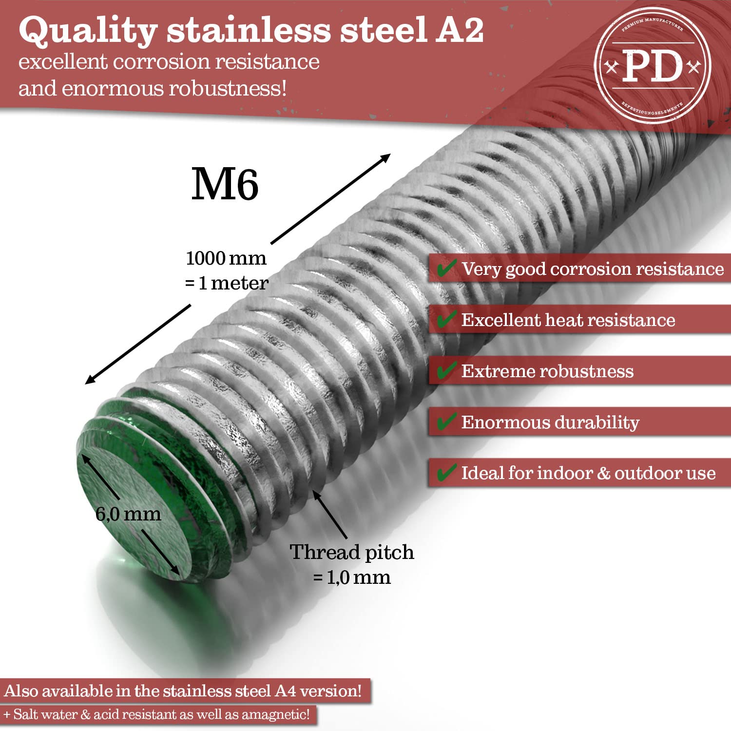 Asta Filettata In Acciaio Inox A2 - M12, Lunghezza 1 Metro, Barra Con Filettatura Continua DIN 975/976