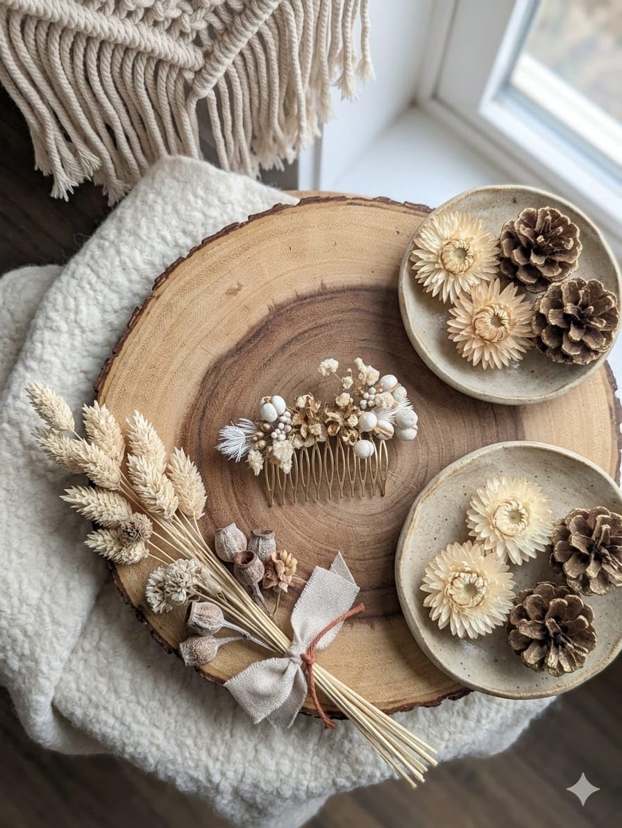 Céleste - Peigne de Mariée Fleurs Séchées Artisanal, Or - Blanc - Crème, Métal Doré, Style Bohème Romantique, Fait Main en France - Pièce Unique