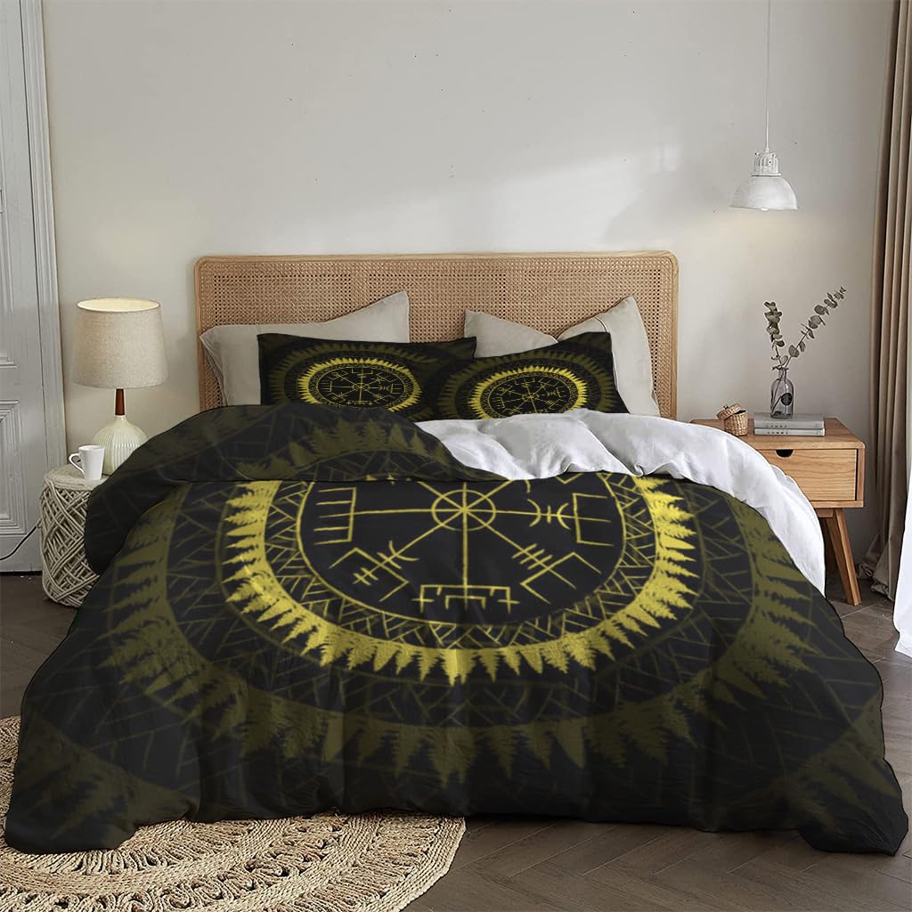 NIBAINLO 布団カバー黄色のバイキングシンボル 肌に優しい ピーチスキン加工 掛け布団カバー 和式 洋式 あったか 布団カバーセット リバーシブル ホームステイ ホテル 家庭兼用