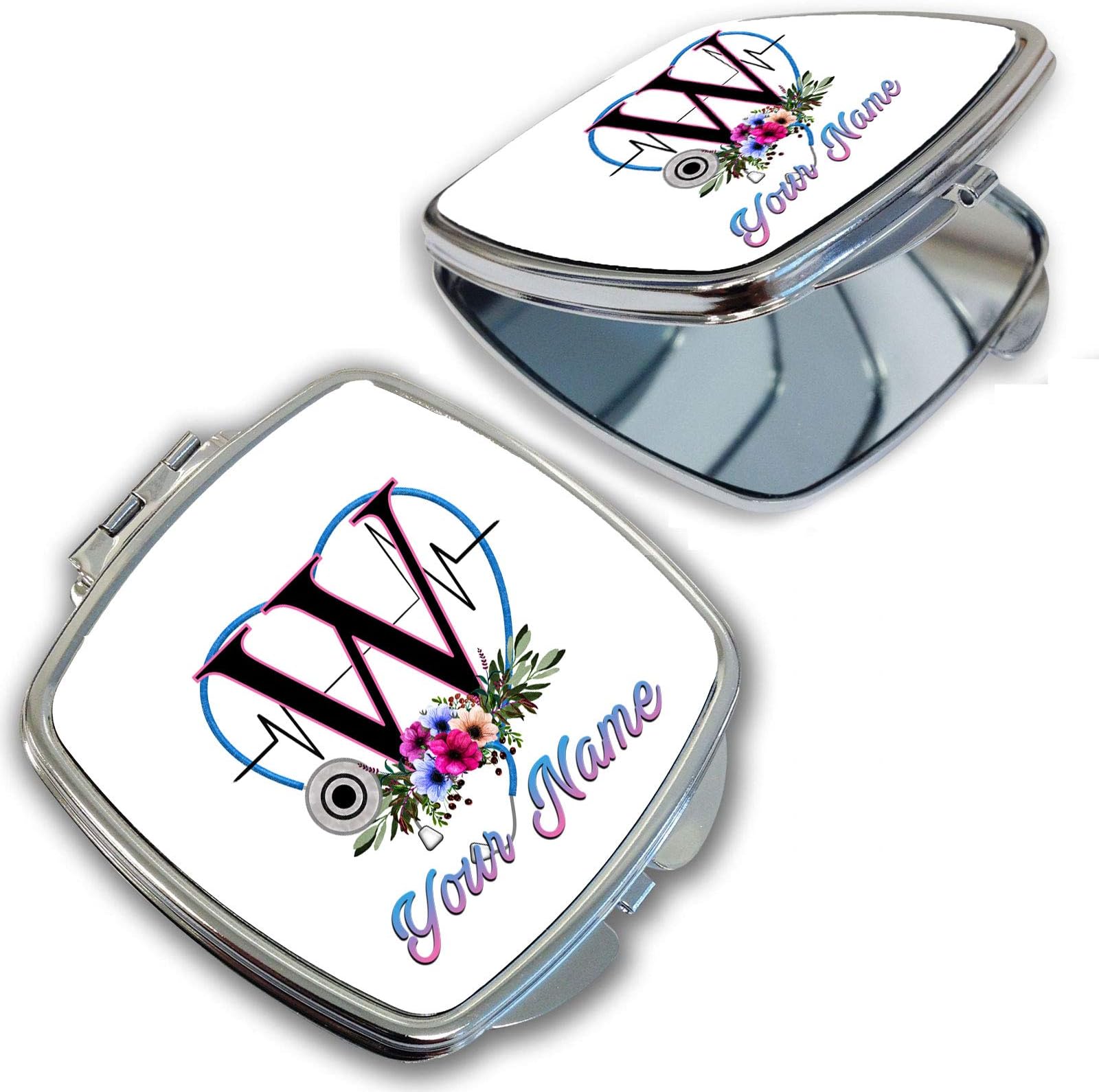 BRGiftShop Personalized Custom Name Floral Healthcare Nurse Doctor Stethoscope Heart Monogram Letter W Compact Pocket Cosmetic Mirror