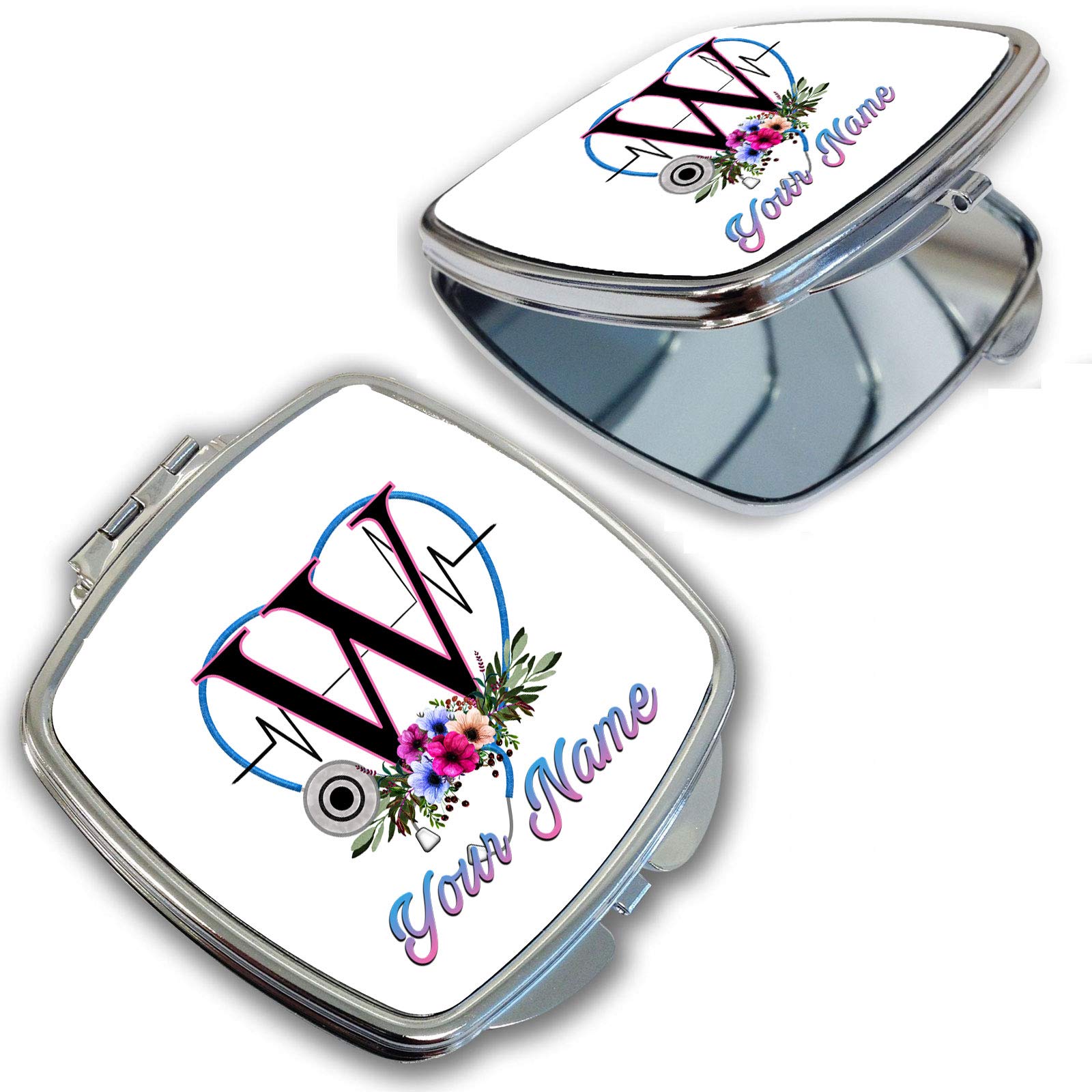 BRGiftShop Personalized Custom Name Floral Healthcare Nurse Doctor Stethoscope Heart Monogram Letter W Compact Pocket Cosmetic Mirror