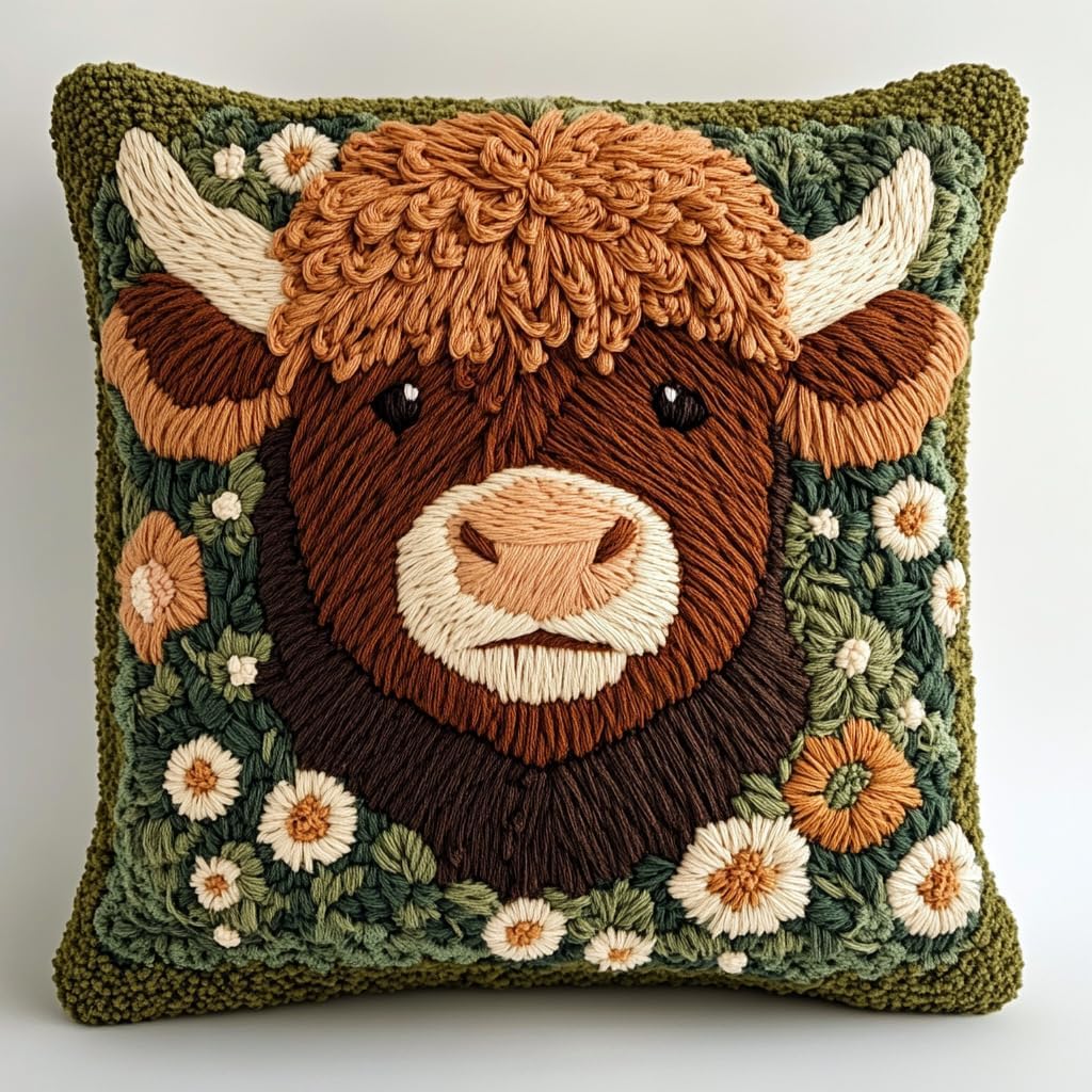DIY Punch Needle Pillow Kit Cute Baby Highland Cow in Flowers with Pattern and Hoop Handmade Embroidery Punch Needle Starter Pillowcase Set for Home Sofa Decor 43x43cm-1-1