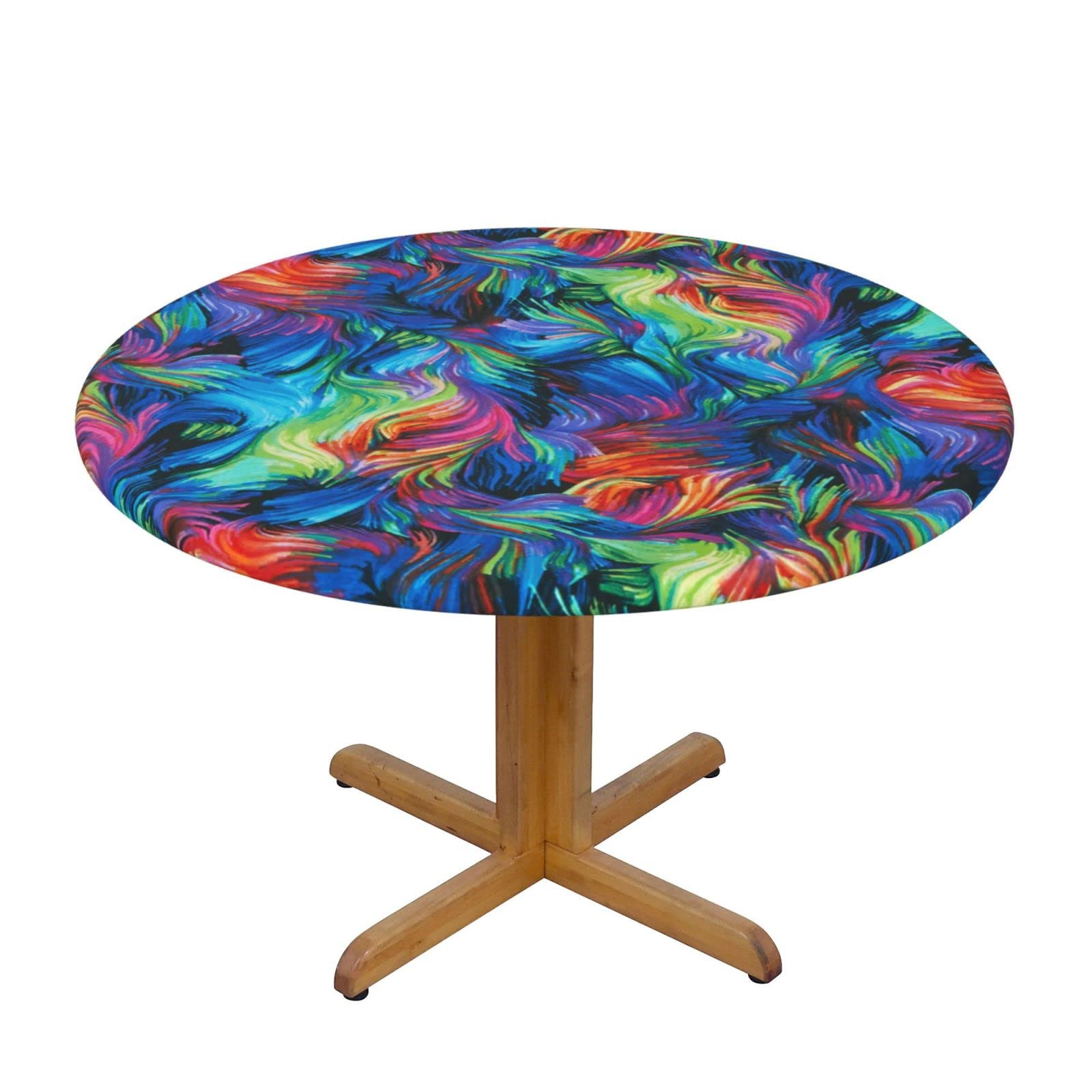 Lsjuee Round Fitted Tablecloth 40-44in Elastic Edged Table Cloth for Kitchen Dining Party Home Decor - Colorful Creative Rainbow