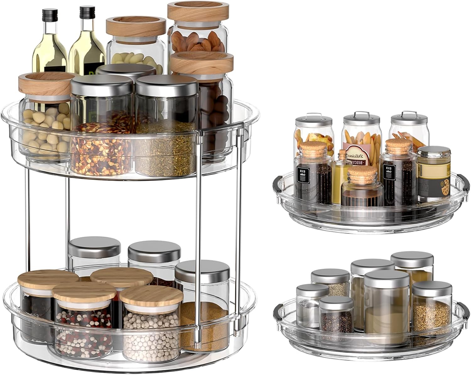 INCOSTAR 2 Pack Lazy Susan Organizer 9.25''and 11.81'' Two-Tier Lazy Susan Turntable for Cabinet, Spice Rack, and Pantry Storage - Spinning Makeup Organizer for Bathroom, Clear