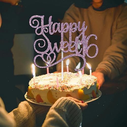 Miniatura 4 de Happy Sweet 16 - Decoración para tartas de cumpleaños de 16 años, decoraciones de feliz cumpleaños de 16 años para niñas y niños, purpurina morada