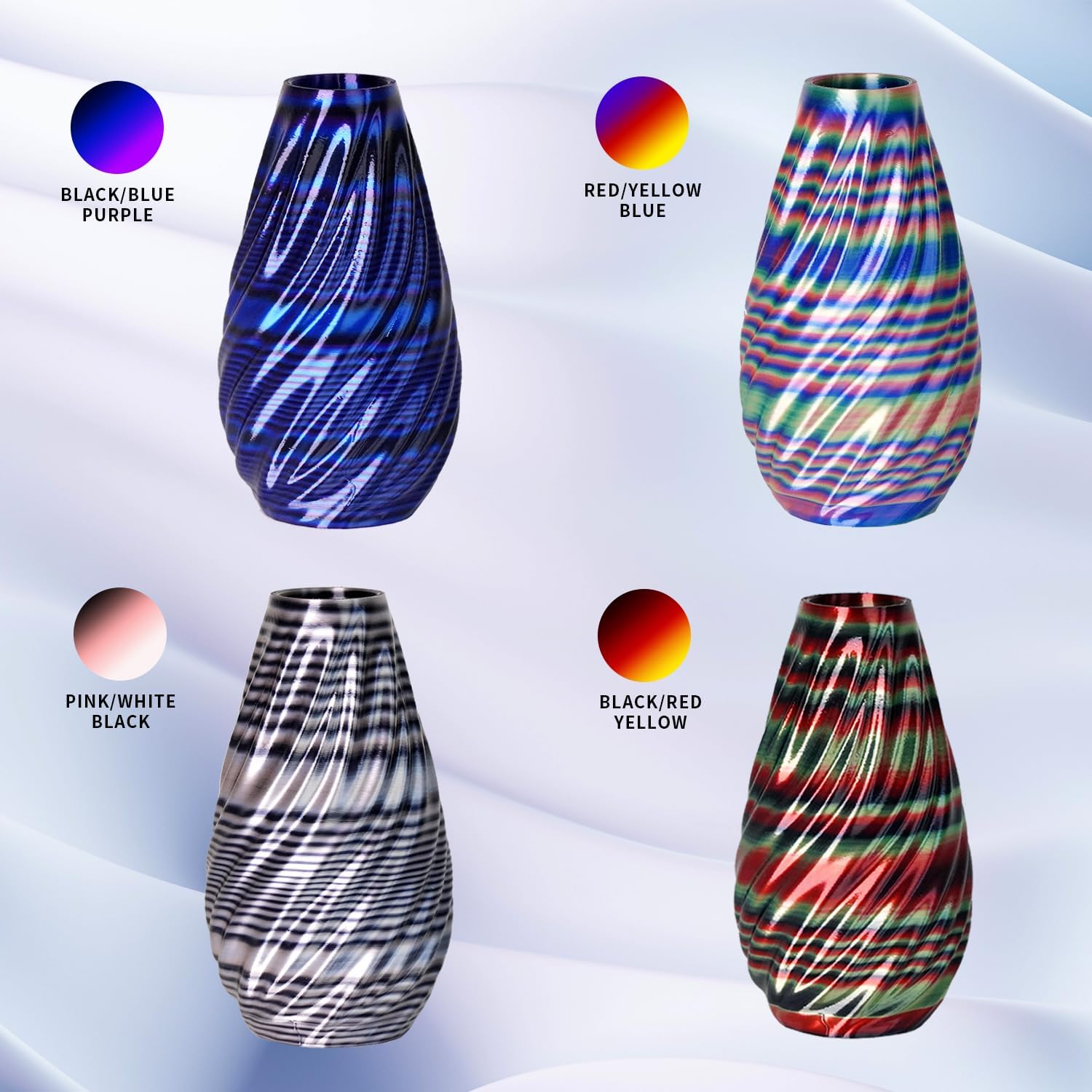 1.75mm Silk 3D Printing Filament Bundle, for Most of FDM Printer,Fast Color Change, (Rainbow S Series - Black&Red&Yellow/Black&Blue&Purple/Pink&White&Black/Red&Yellow&Blue, 4 x 200g)