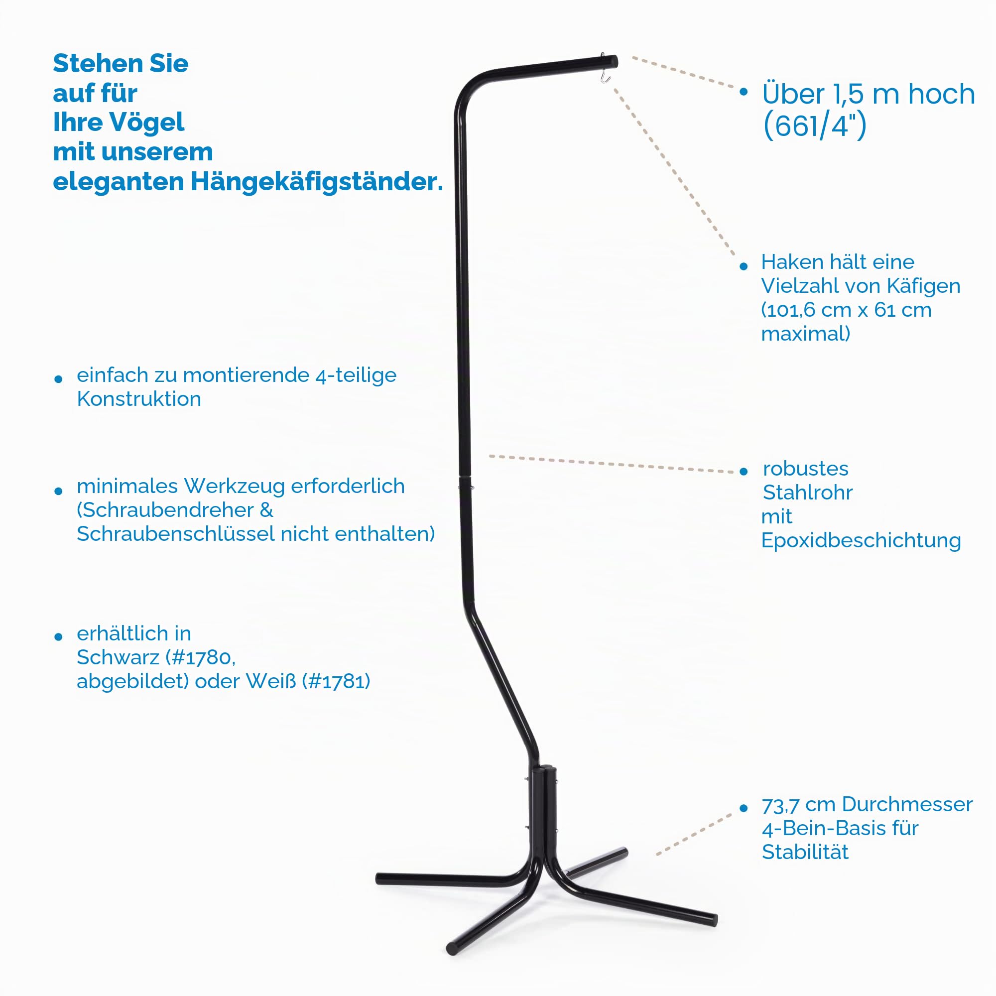 Prevue Pet Products Stahlrohr zum Aufhängen Vogelkäfig Ständer 1780 schwarz, 24 von 24 von 152,4 cm