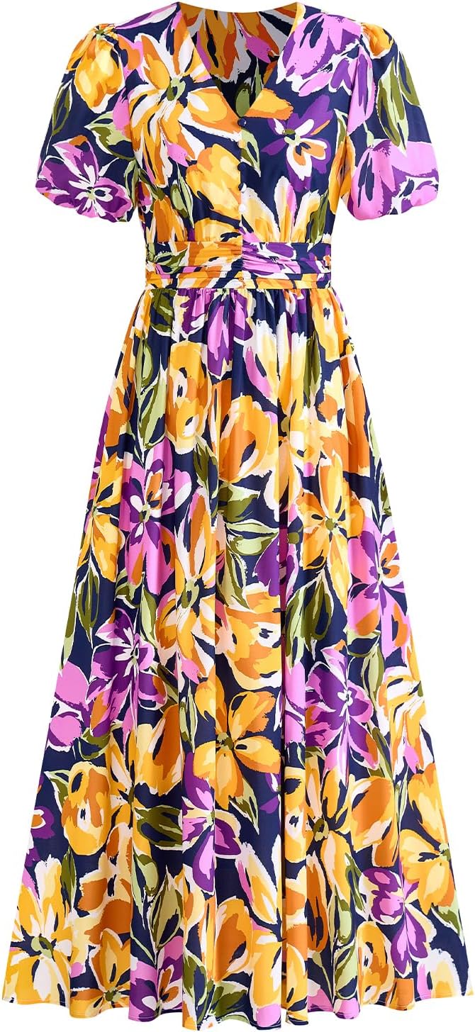 PRETTYGARDEN Womes Boho Maxi Dresses 2026 Summer Spring V Neck Puff Sleeve Empire Waist A Line Flowy Long Beach Floral Dress
