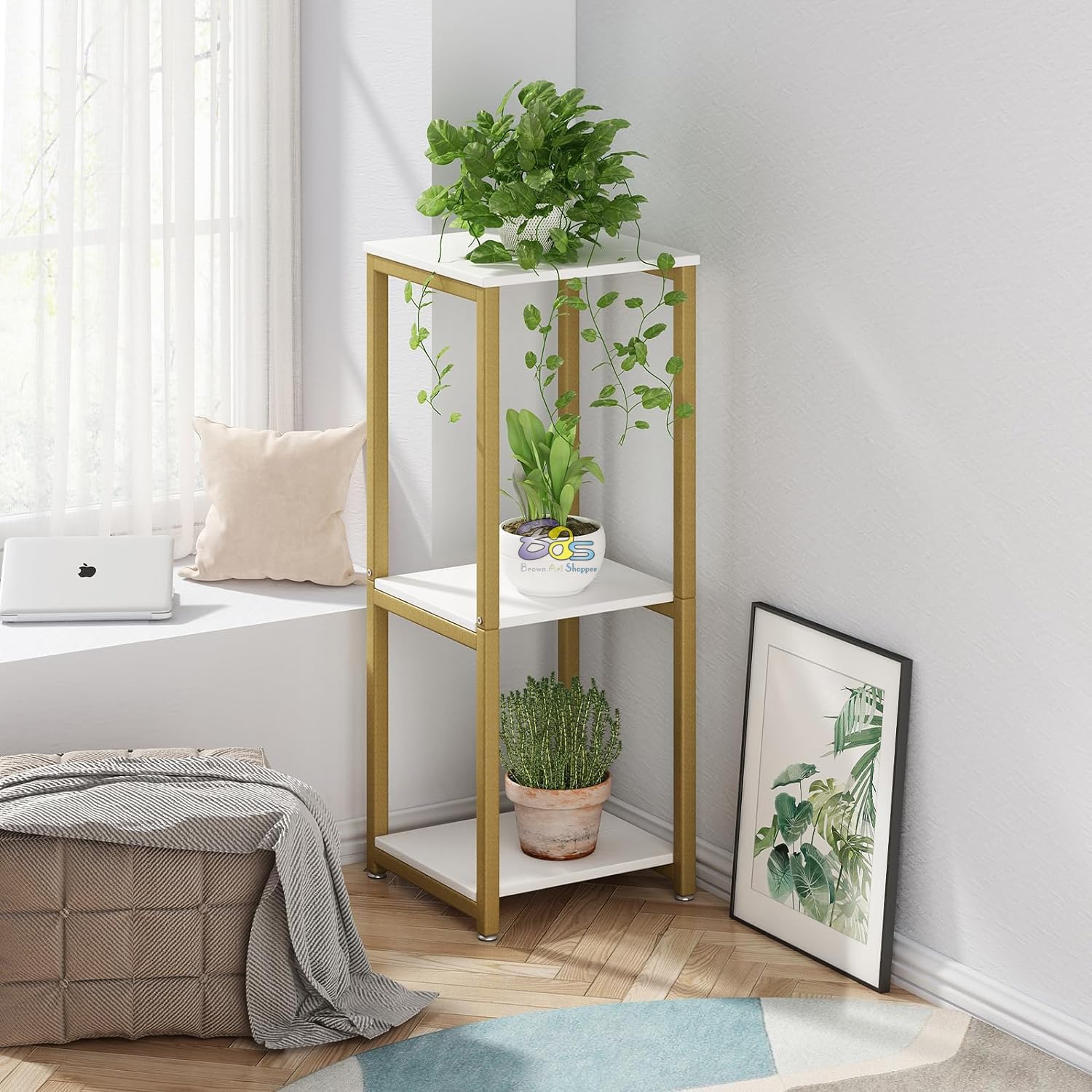 FURNIFOX Plant Stand Indoor Metal Shelf Corner Display Rack Display Shelf Stackable and DIY Plant Pot Stands for Multiple Flower for Living Room Garden Patio Balcony. (Golden White) (B0CT5BGTW2) Amazon Price History, Amazon Price Tracker