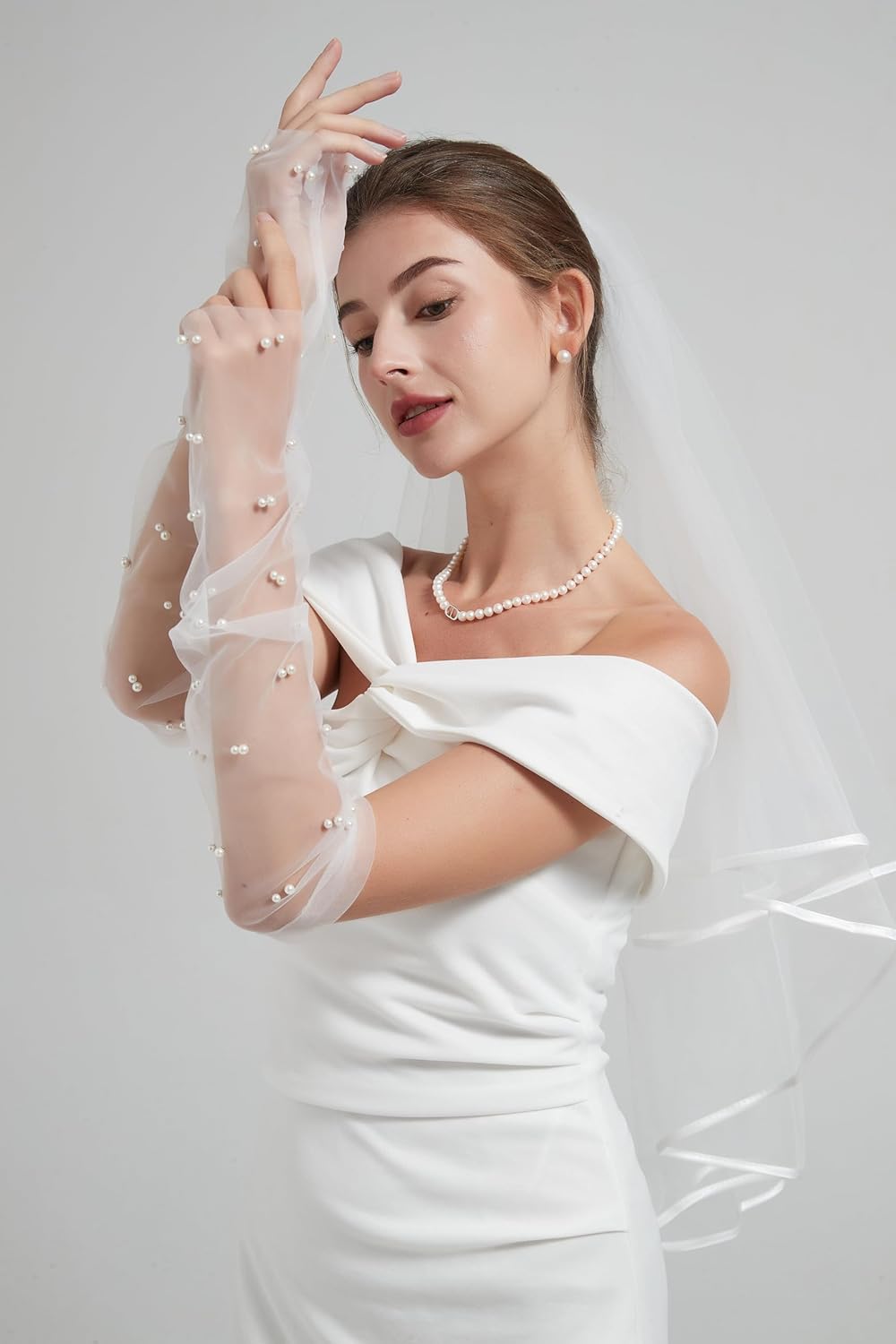 White Lace Sheer Gloves,Bridal Accessories with Pearls for Wedding, Fingerless Gloves, Long Elbow Wedding Armwear for Tea Opera Party and Hallowmas Costume - Image 3