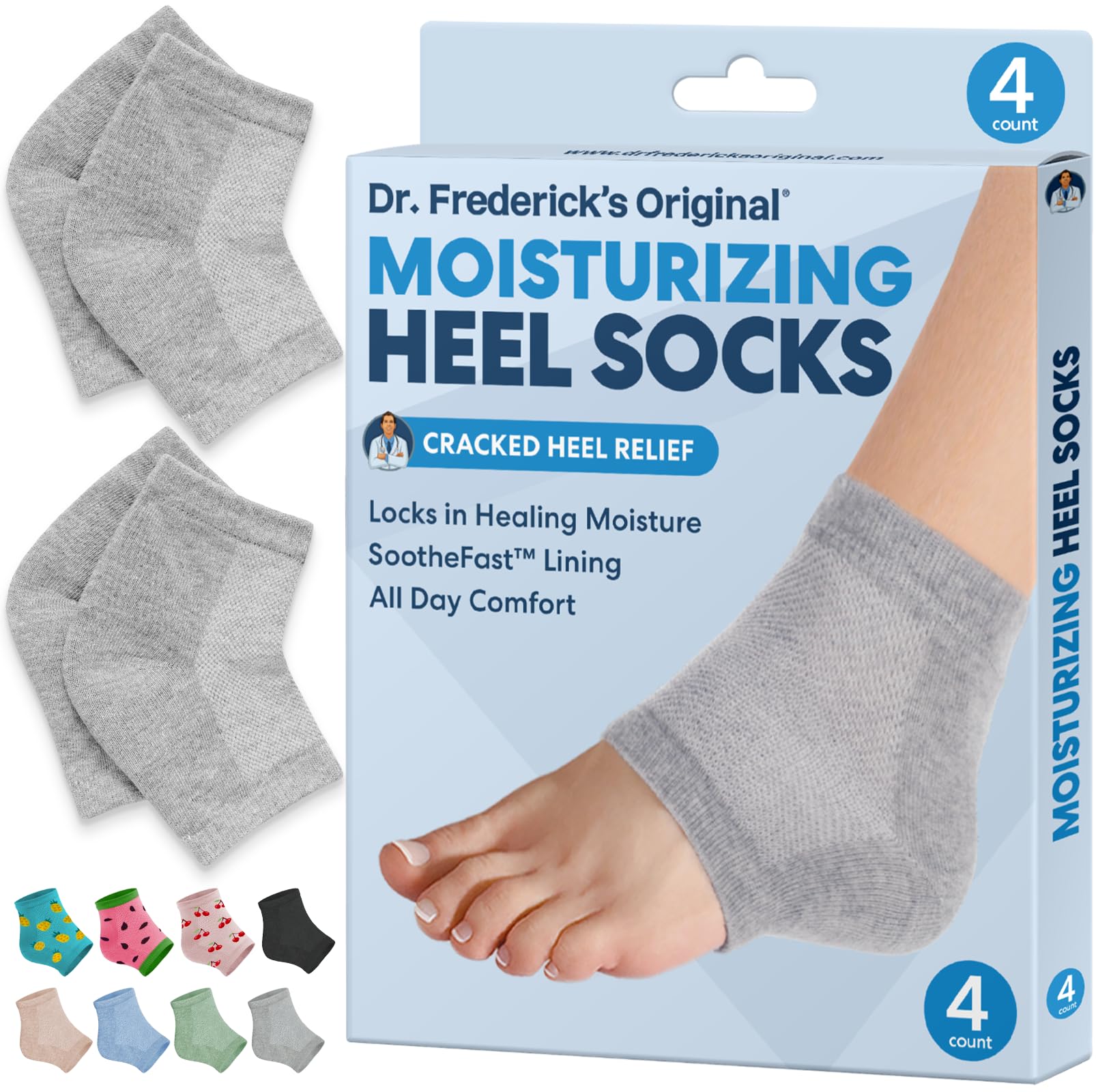 Dr. Frederick's Original Moisturizing Heel Socks For Cracked Heel Treatment - 2 Pairs - Stop Cracked Heels In Their Tracks, Grey