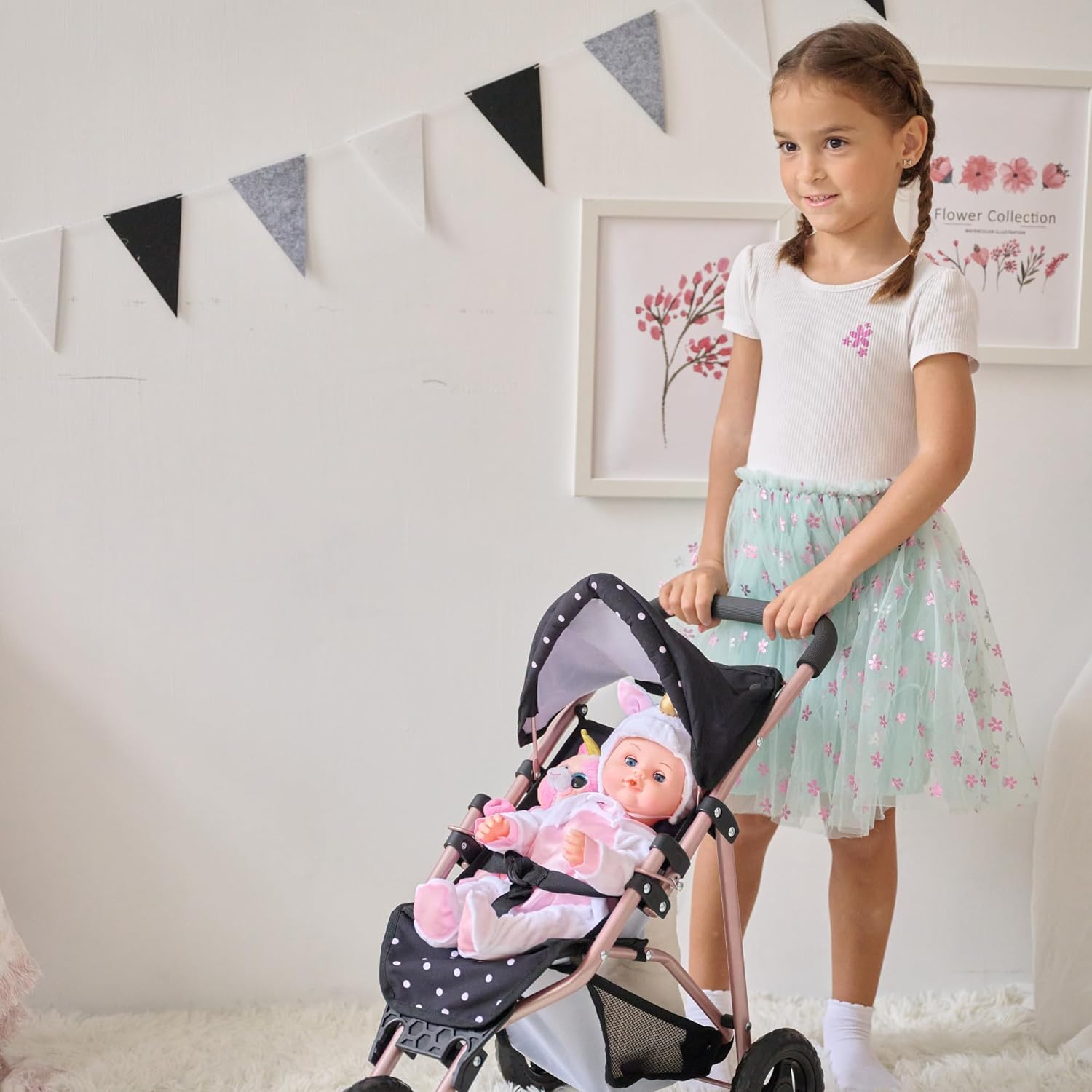 Olivia's Little World Pin Up Foldable Baby Doll Stroller- Jogging Style Doll Stroller with Canopy and Storage, Fits 15''-18'' Dolls, Pretend Play Toy for Girls Ages 3-6