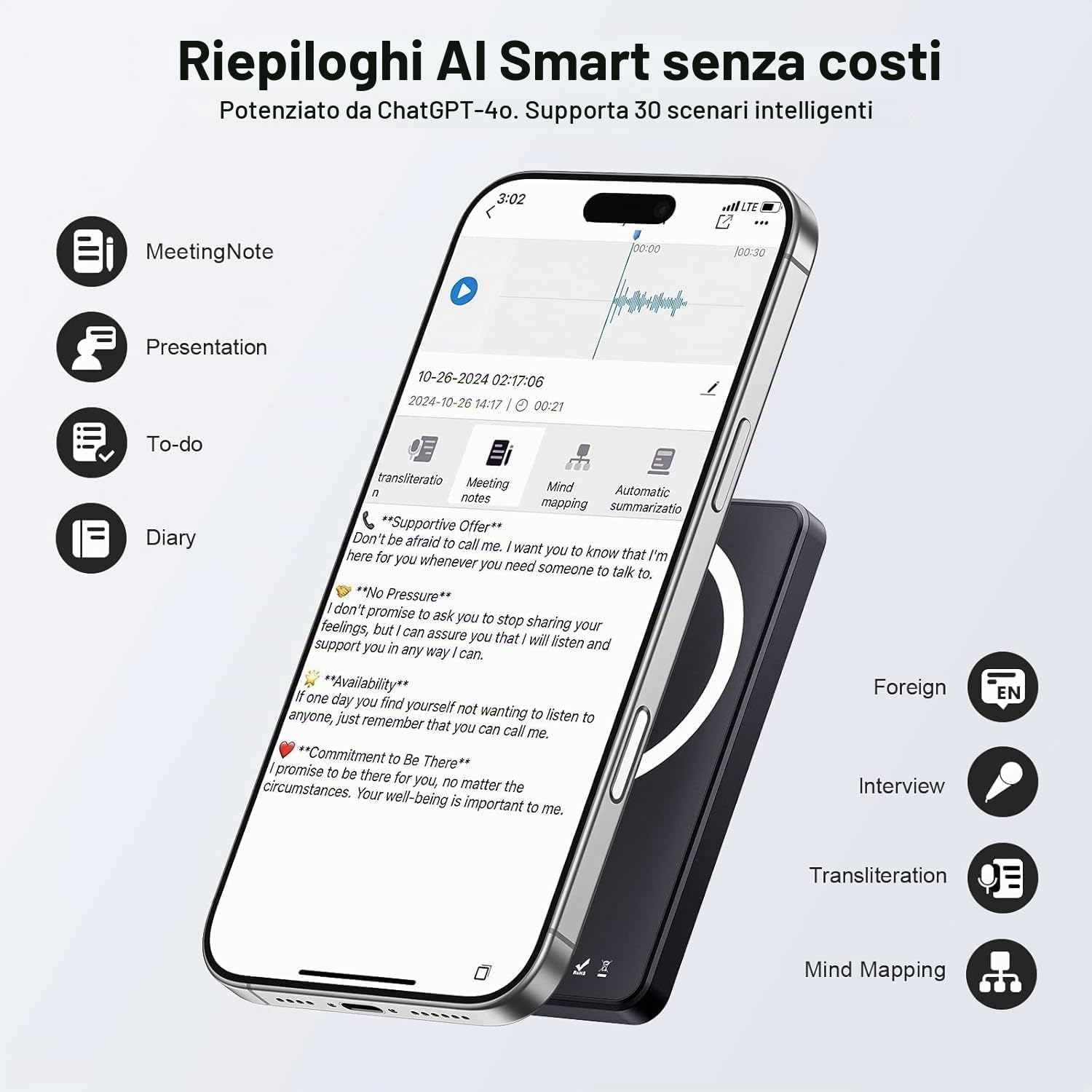 Registratore Vocale AI, Controllo APP del Registratore Vocale Digitale, Trascrizione e Sintesi e Traduzione Potenziato da ChatGPT, Ricarica Wireless, 64GB di Memoria per Conferenze, Riunioni, Chiamate