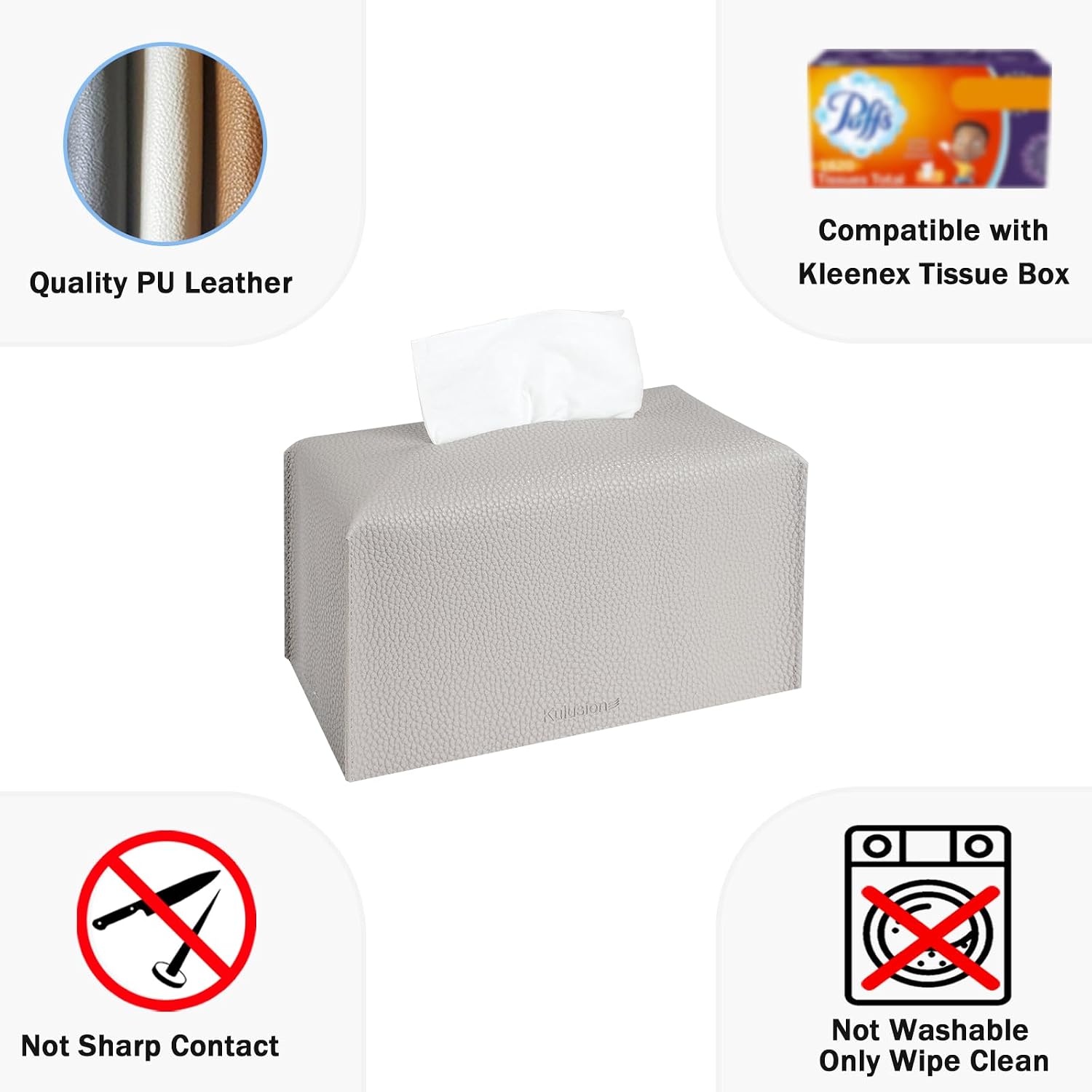 2 Pcs Rectangular Tissue Box Cover, PU Leather Tissue Holder Facial Tissue Case Dispenser for Bathroom, Vanity Countertop, Tabletop, Car, Office,9.5X5X5 Inch - Light Gray