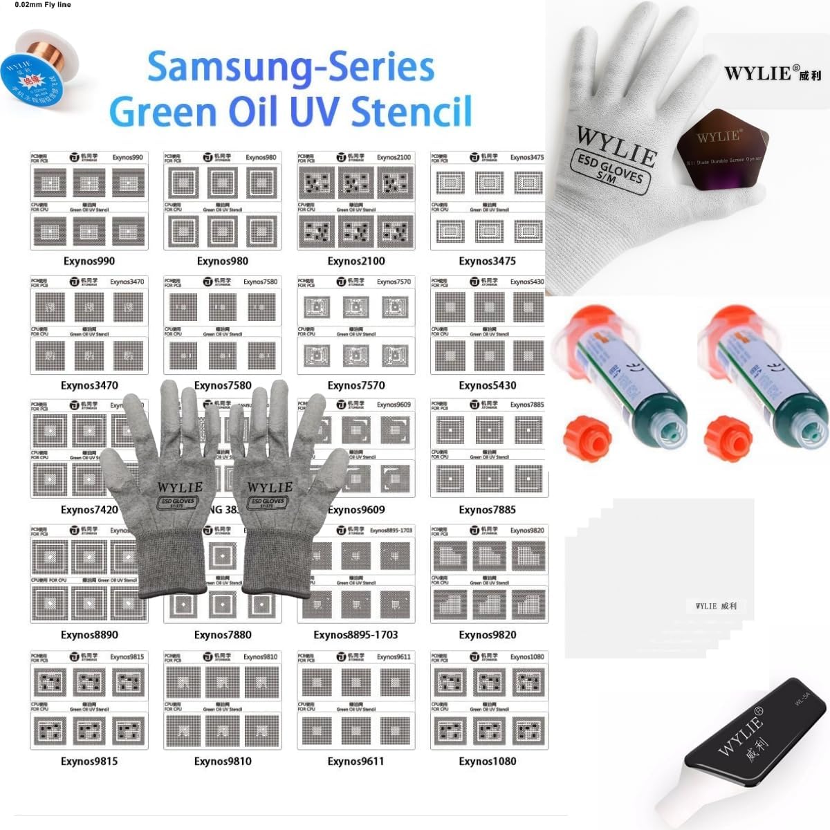 JTX GS-01 for Samsungi Series Green Oil UV Stencil Set Universal Solder Mask Repair Kit for Samsungi IC and PCB Repair WYLIE Professional Tools 9 Pack