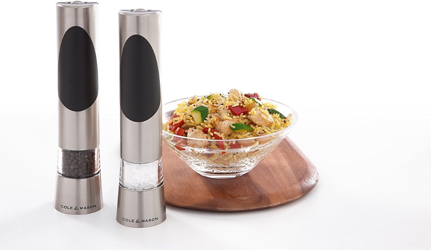 Cole & Mason Richmond Electronic Salt & Pepper Mill Gift Set - One-Button Electric Spice Grinder with Large Grinding Chamber - Requires 6 AAA Batteries - Hand Wash Kitchen Tool - Stainless Steel