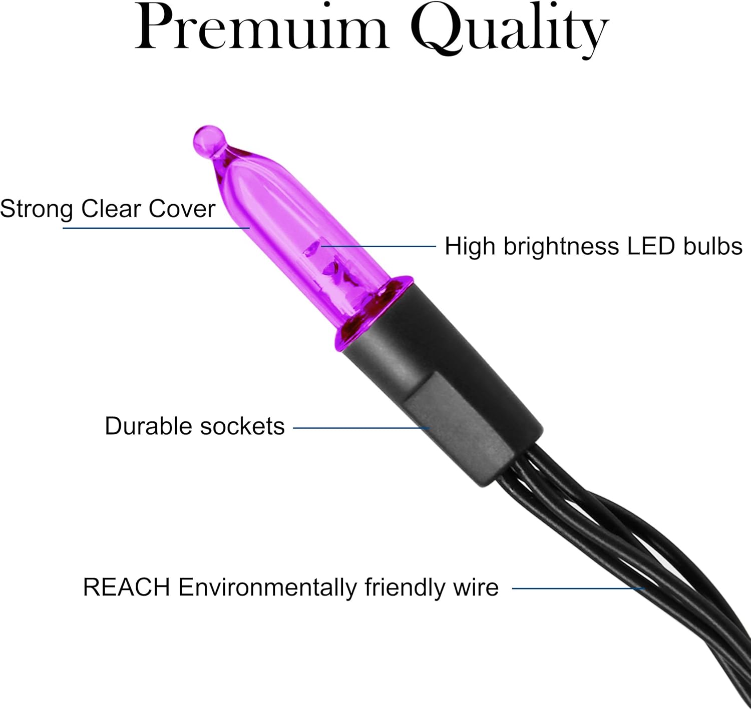Close-up of a single purple LED bulb with labels pointing to its strong clear cover, high brightness LED, durable socket, and REACH environmentally friendly wire.