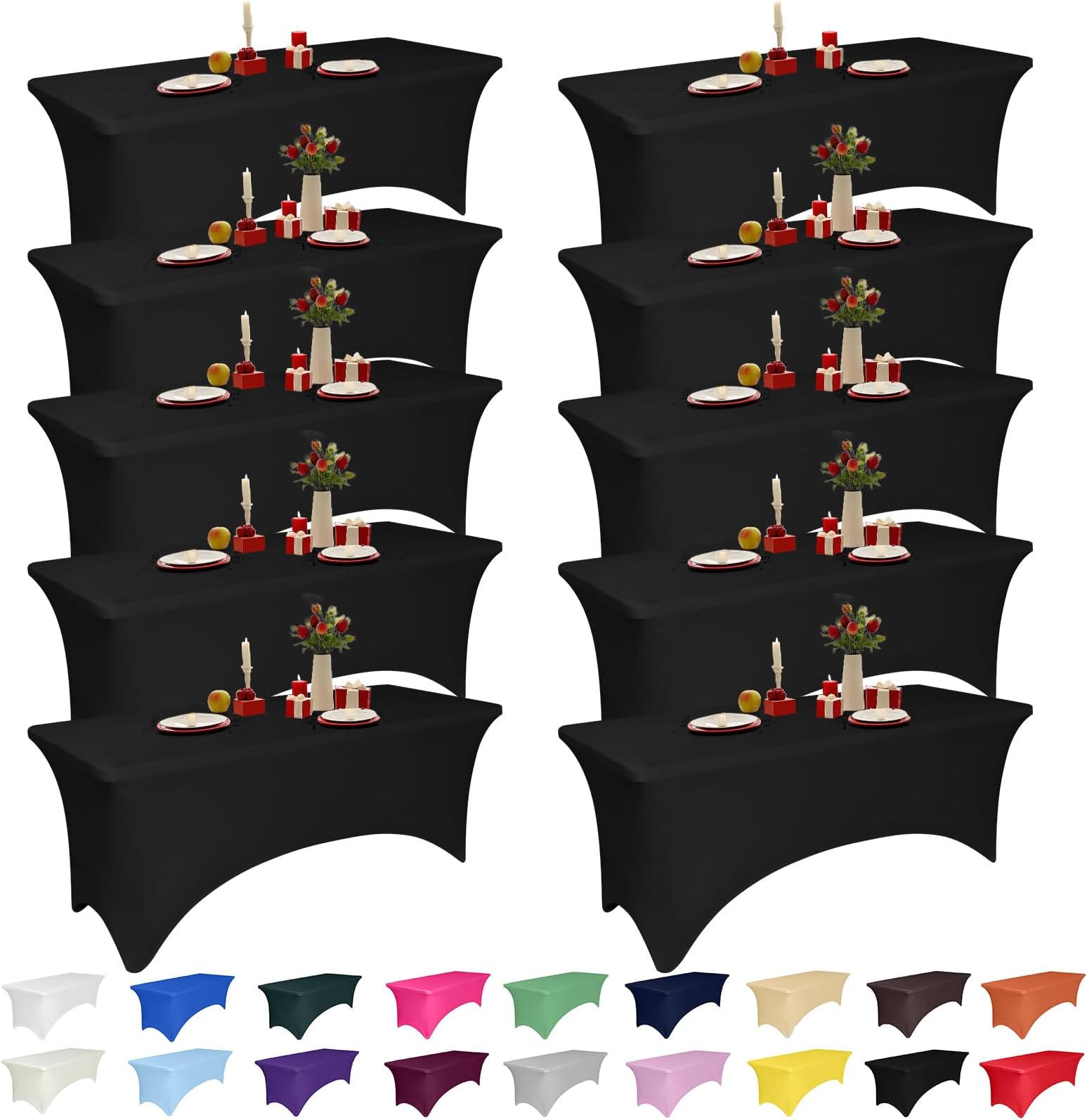 10 Pack 4 Feet Black Spandex Tablecloth for Rectangular Tables, Fitted & Stretch, Washable, Wrinkle Resistant, Perfect for Event, Wedding, Party, Banquet, Cocktail, Festival, and Table Protector
