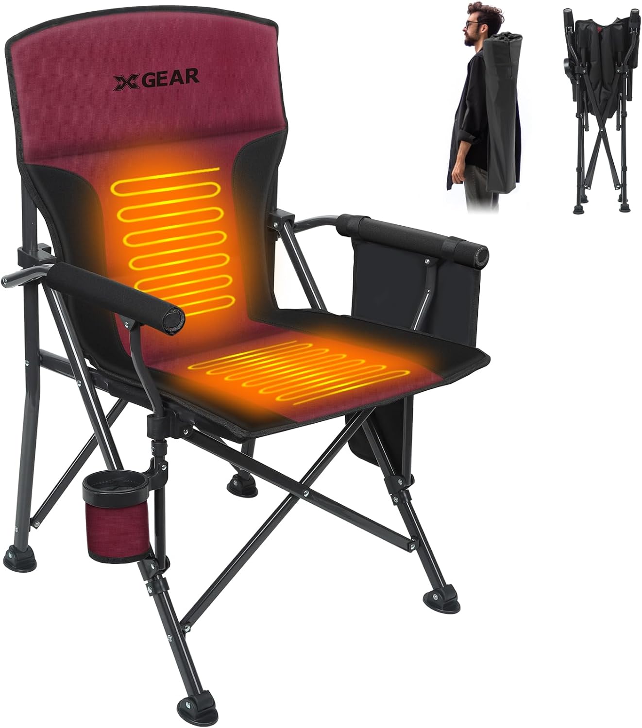 XGEAR Heated Camping Chair for Adults, 3 Heat Levels, Heated Back and Seat, Fully Padded Heated Camp Chair for Outdoor, Battery Not Included(Black/Red) Red / Black