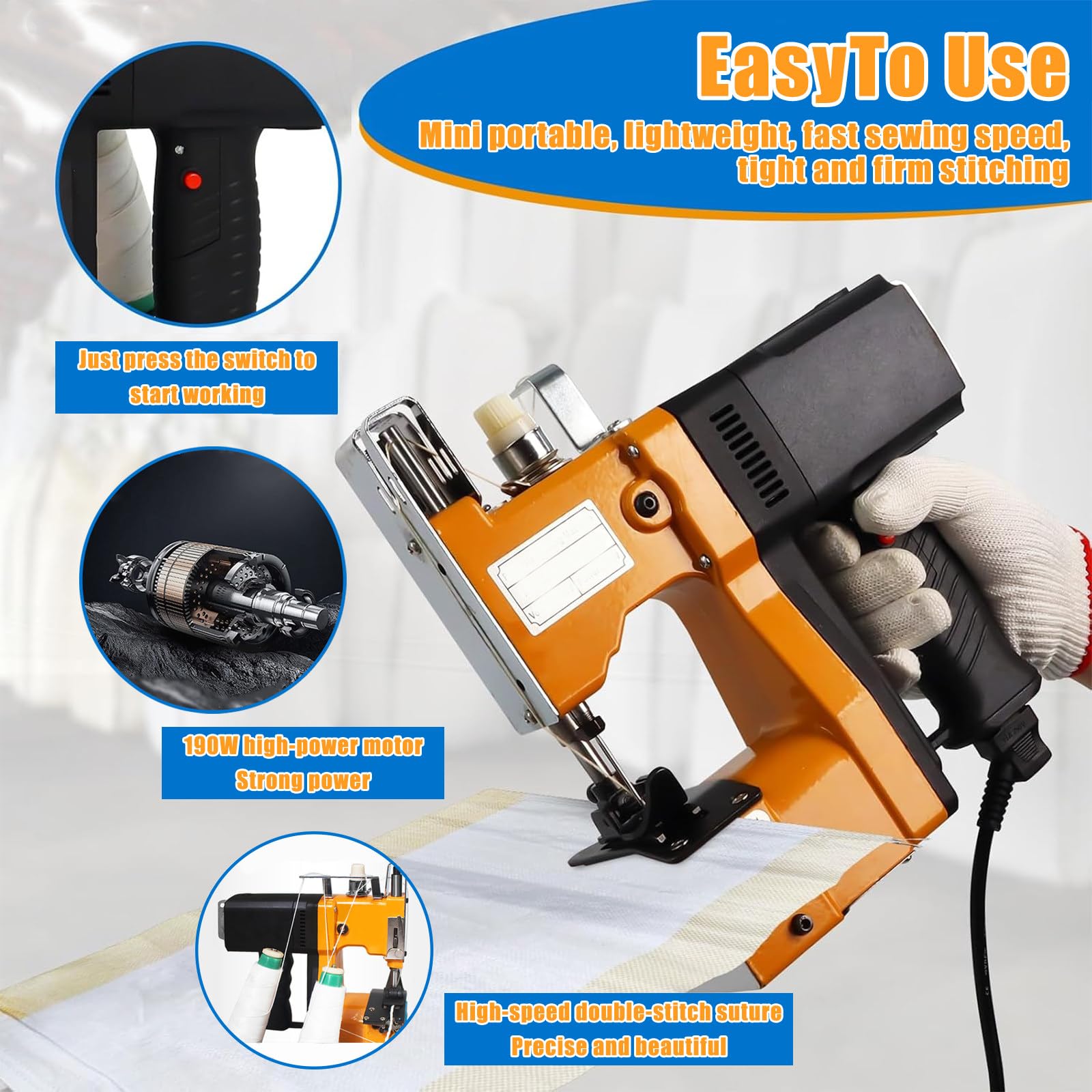 190W Máquina de Coser Sacos, Máquina de Coser Lonas,2 Segundos/Bolsa, Máquina de Cerrar Bolsas Sellador de Bolsas para Saco/Tejido/arroz/Papel/Bolsas de plástico,