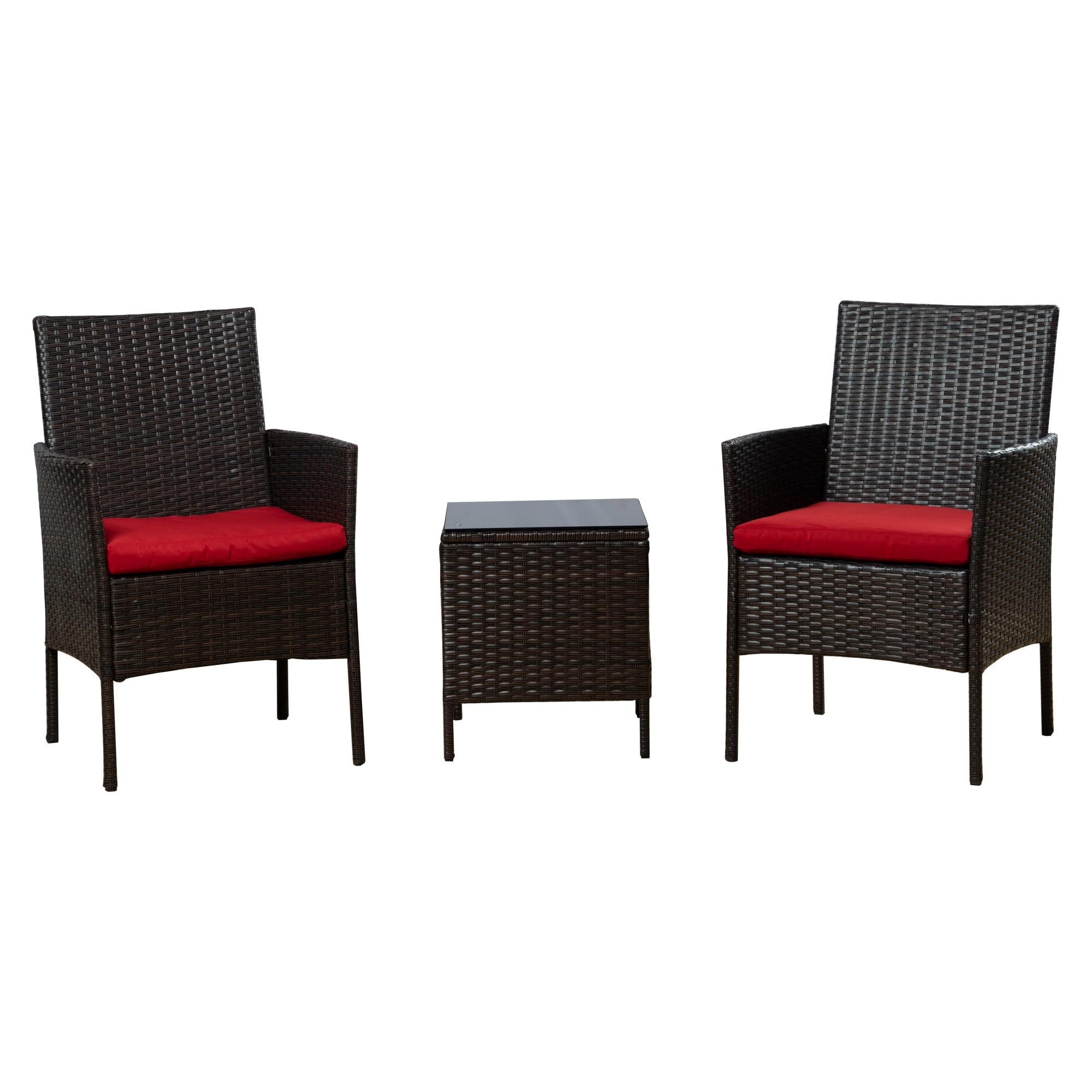 Kozyard 3 PCS Rattan Dining Table Set with Cushioned Chairs and Glass Coffee Table, Patio Conversation Set for Backyard Porch Garden and Poolside (Burgundy)