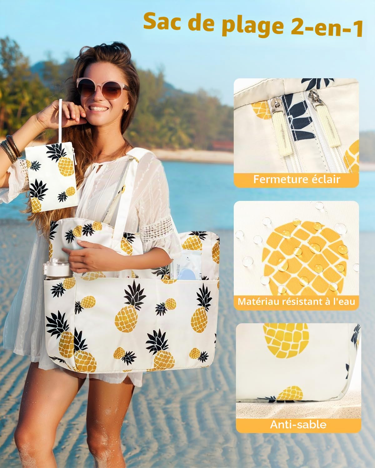 KABAQOO Sac de Plage XXL Famille avec Fermeture Éclair et Compartiment Humide Sac Cabas Piscine Femme Grand Multipoches